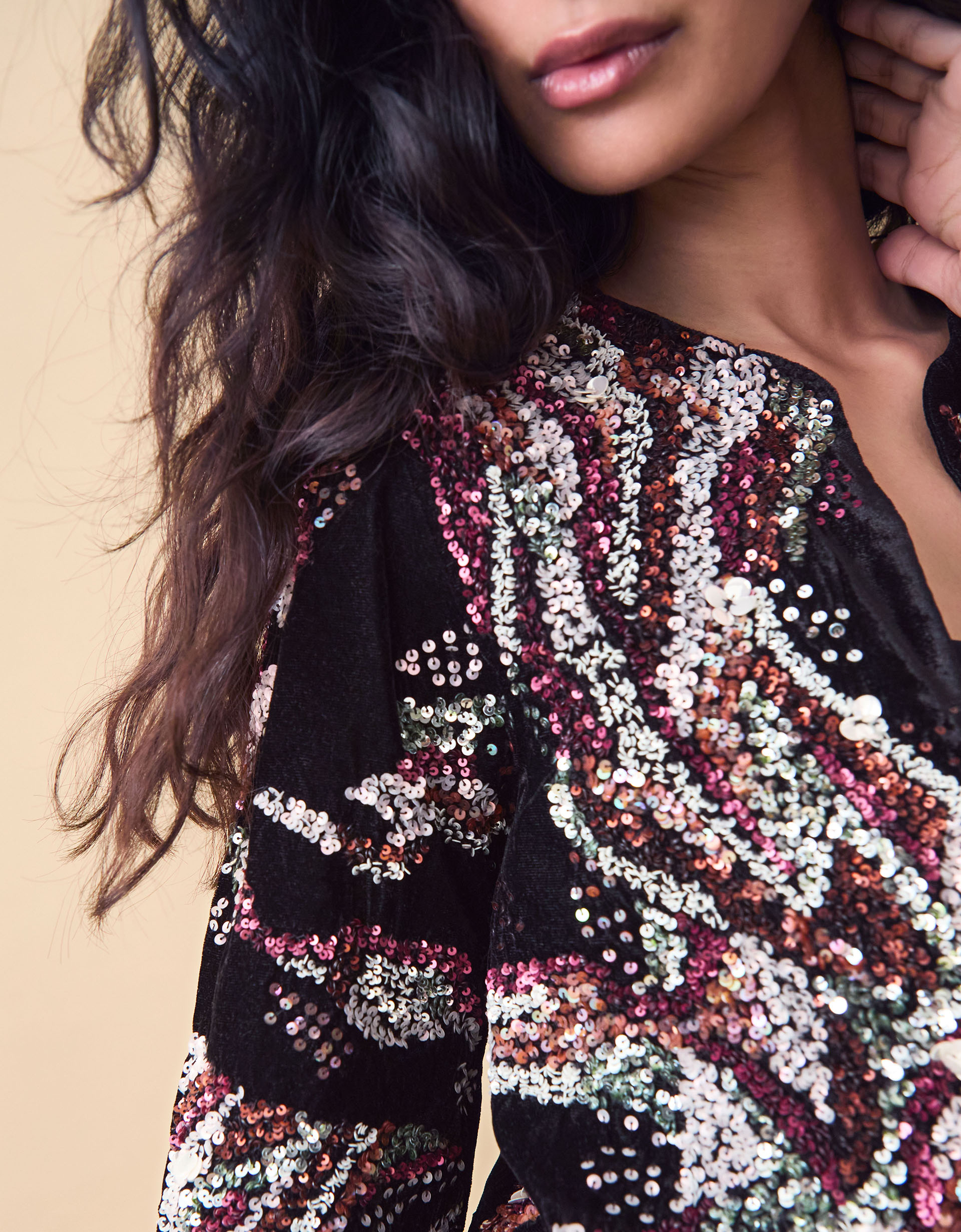 Monsoon Clemence Rosalie Cropped Sequin Velvet Jacket, view 2