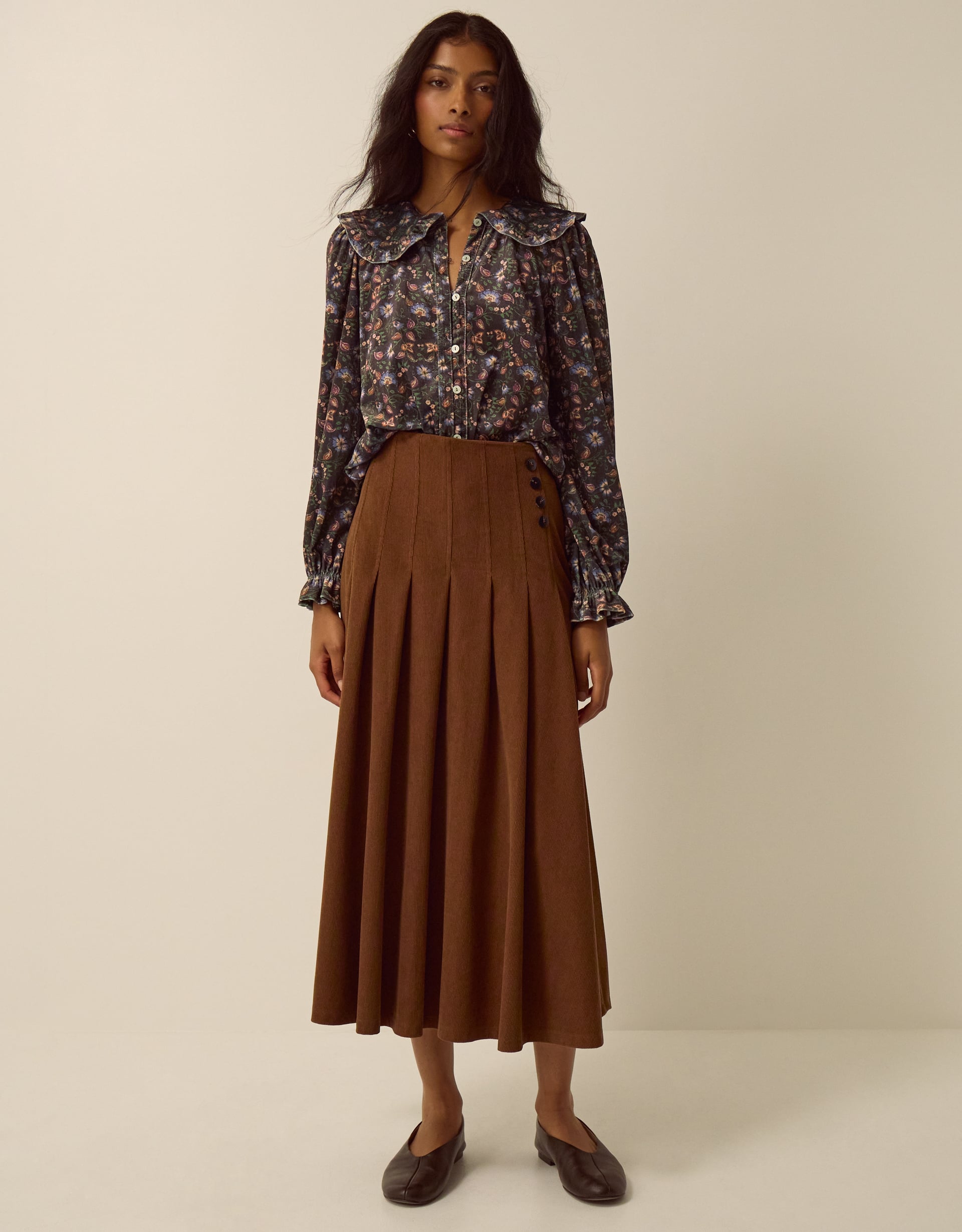 Monsoon Sonja Pleated Corduroy Midi Skirt in Tan