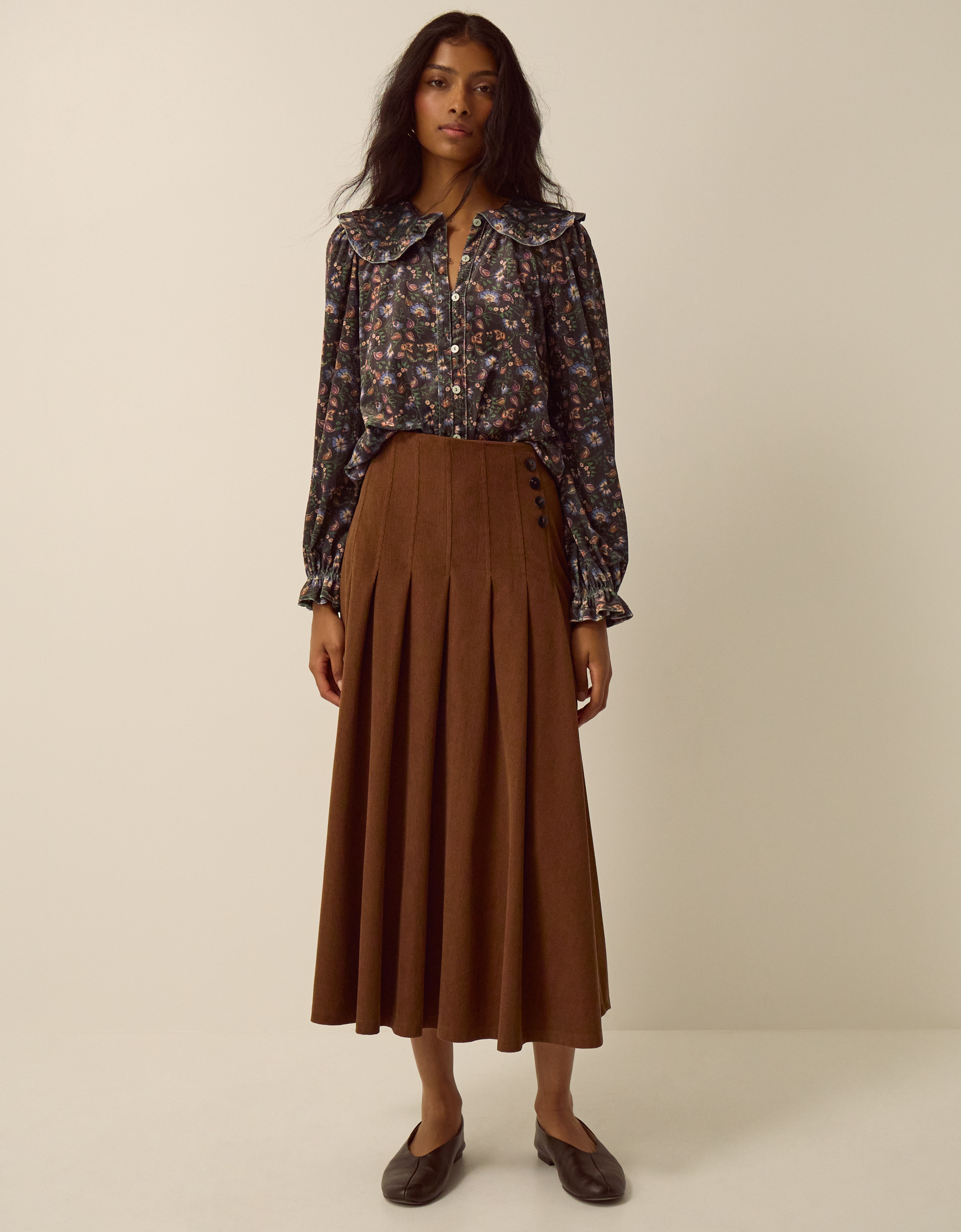 Monsoon Sonja Pleated Corduroy Midi Skirt in Tan