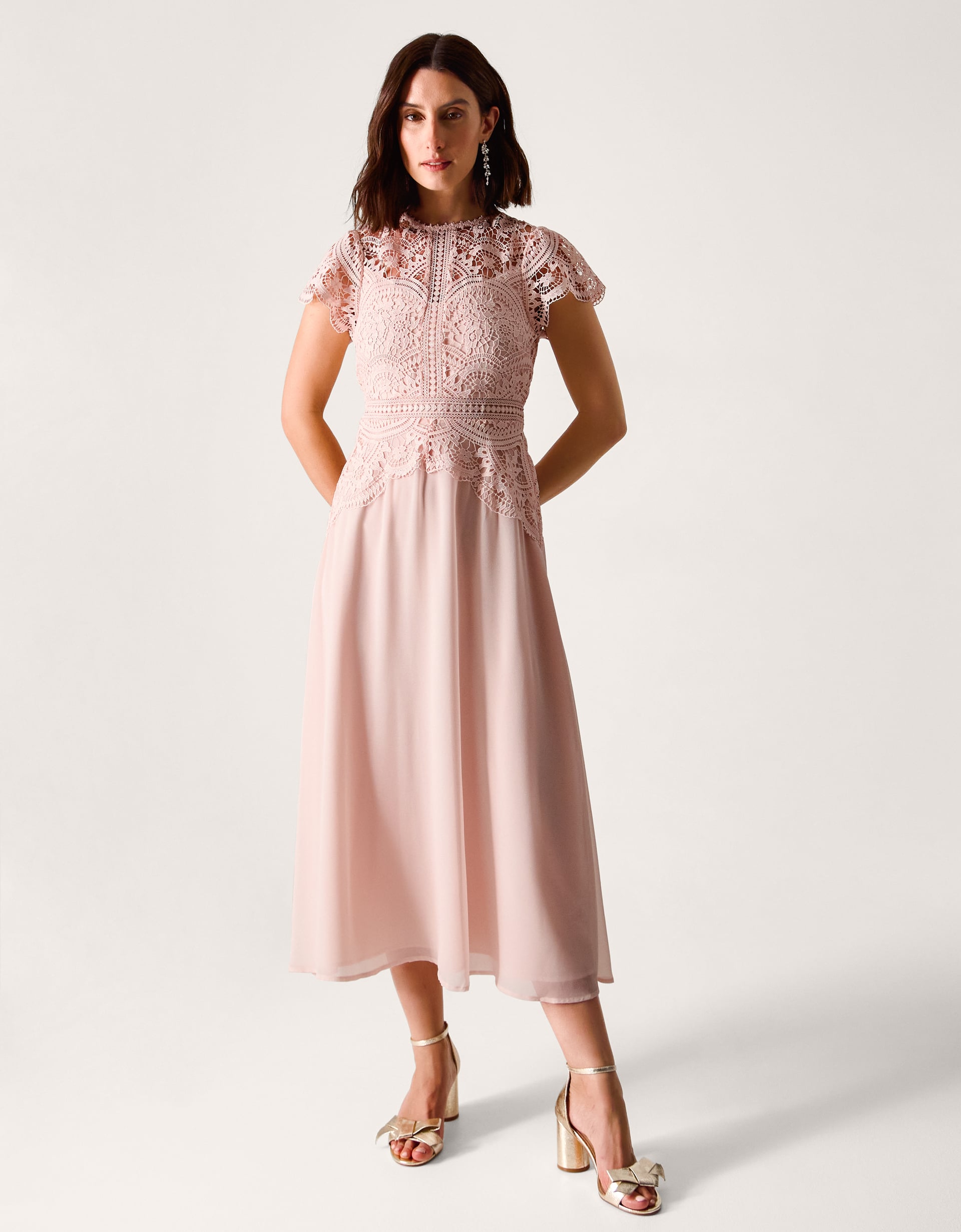 Monsoon Pink Floral Lace Monica Midi Bridesmaid Dress