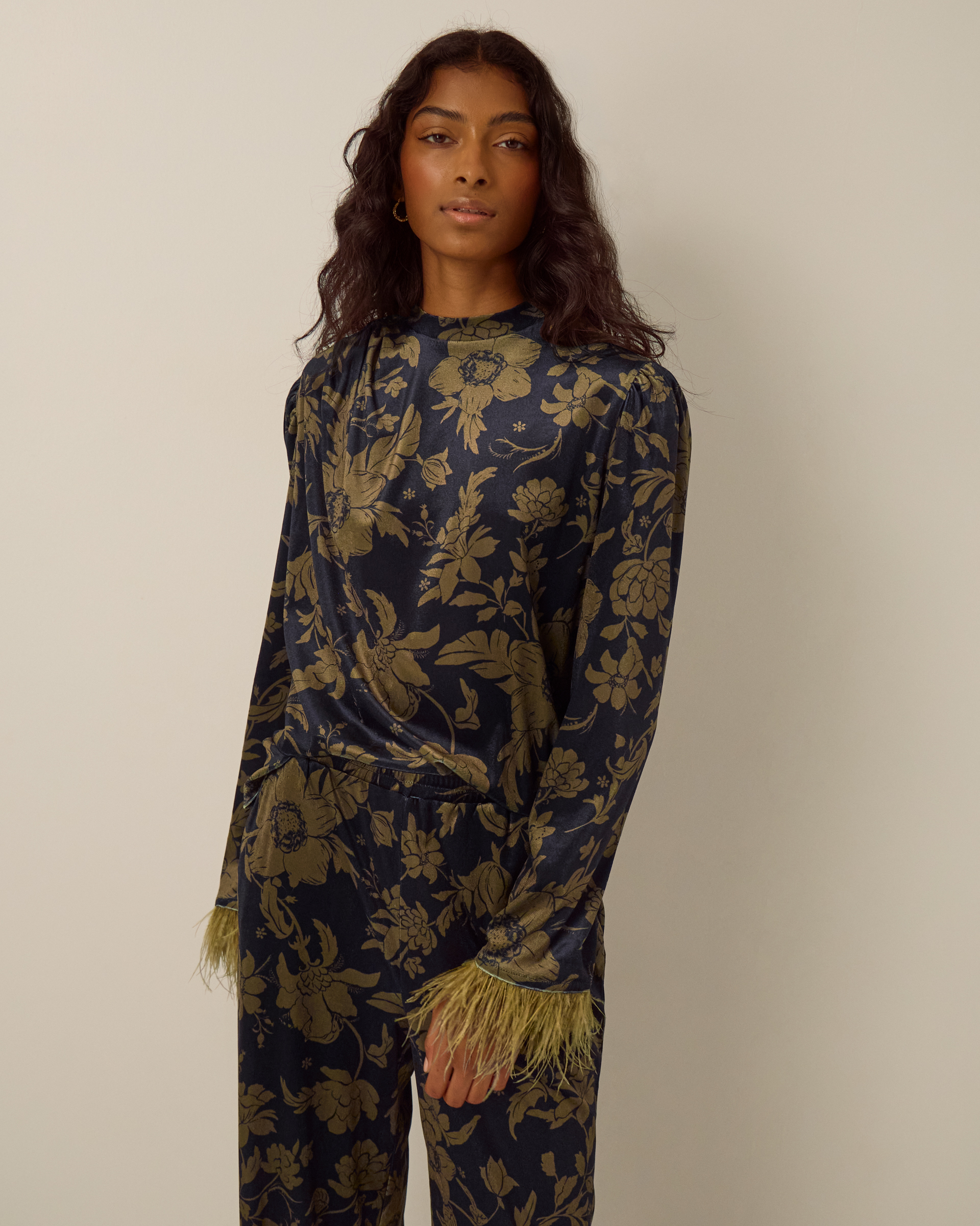 Monsoon Princella Faux Feather Sleeve Floral Velvet Top in blue