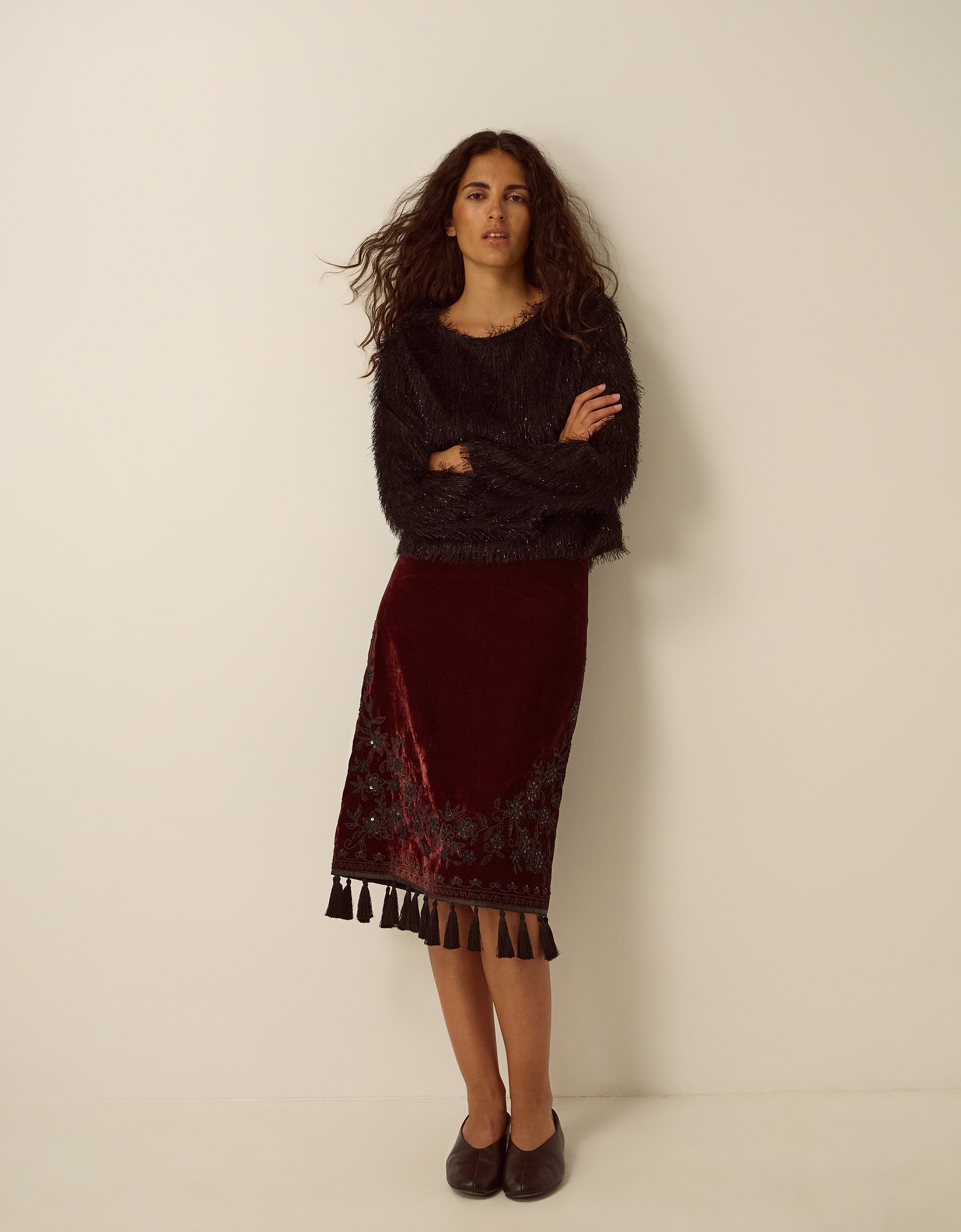 Monsoon Mila Embellished Velvet Knee Length Skirt in red