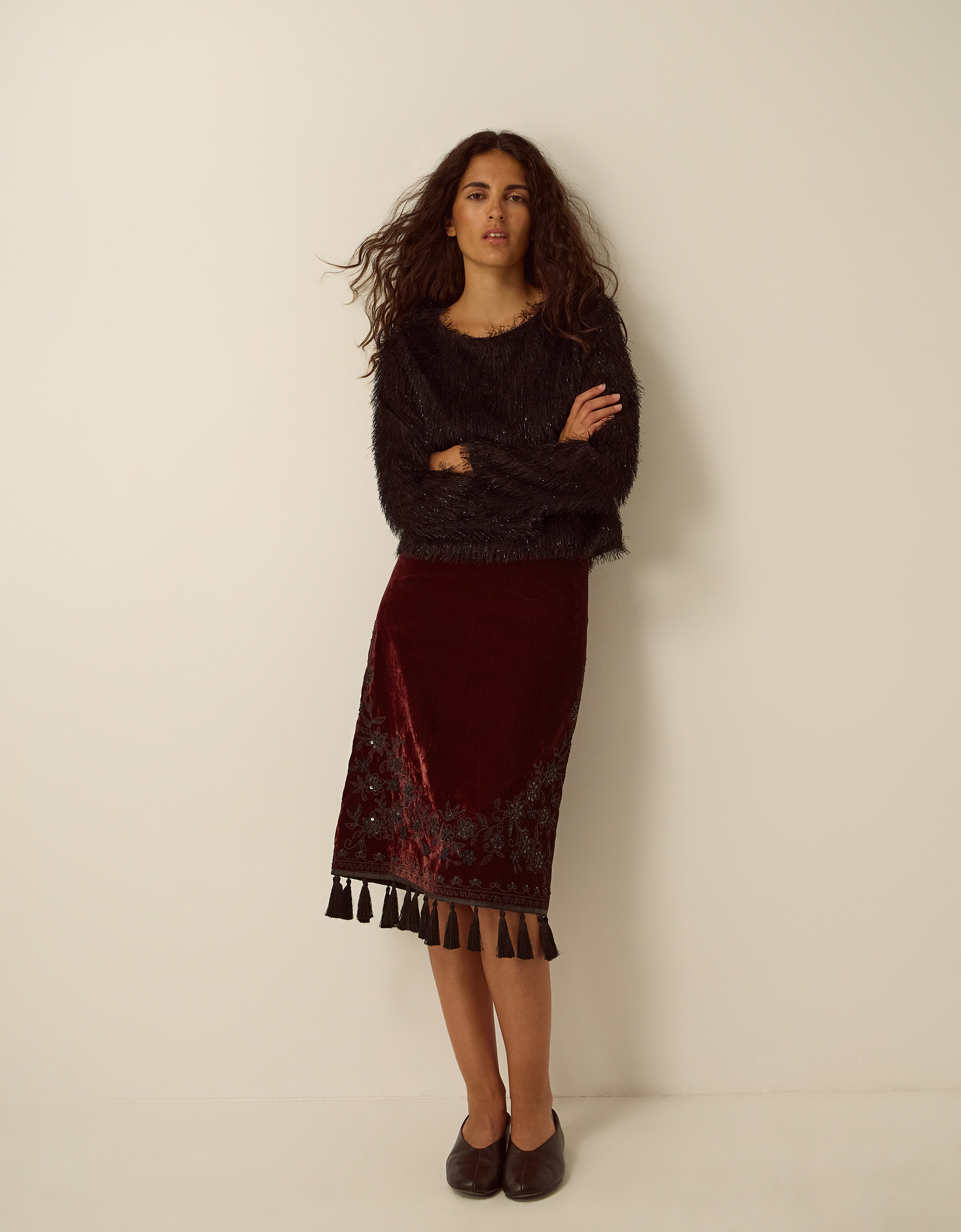 Monsoon Mila Embellished Velvet Knee Length Skirt