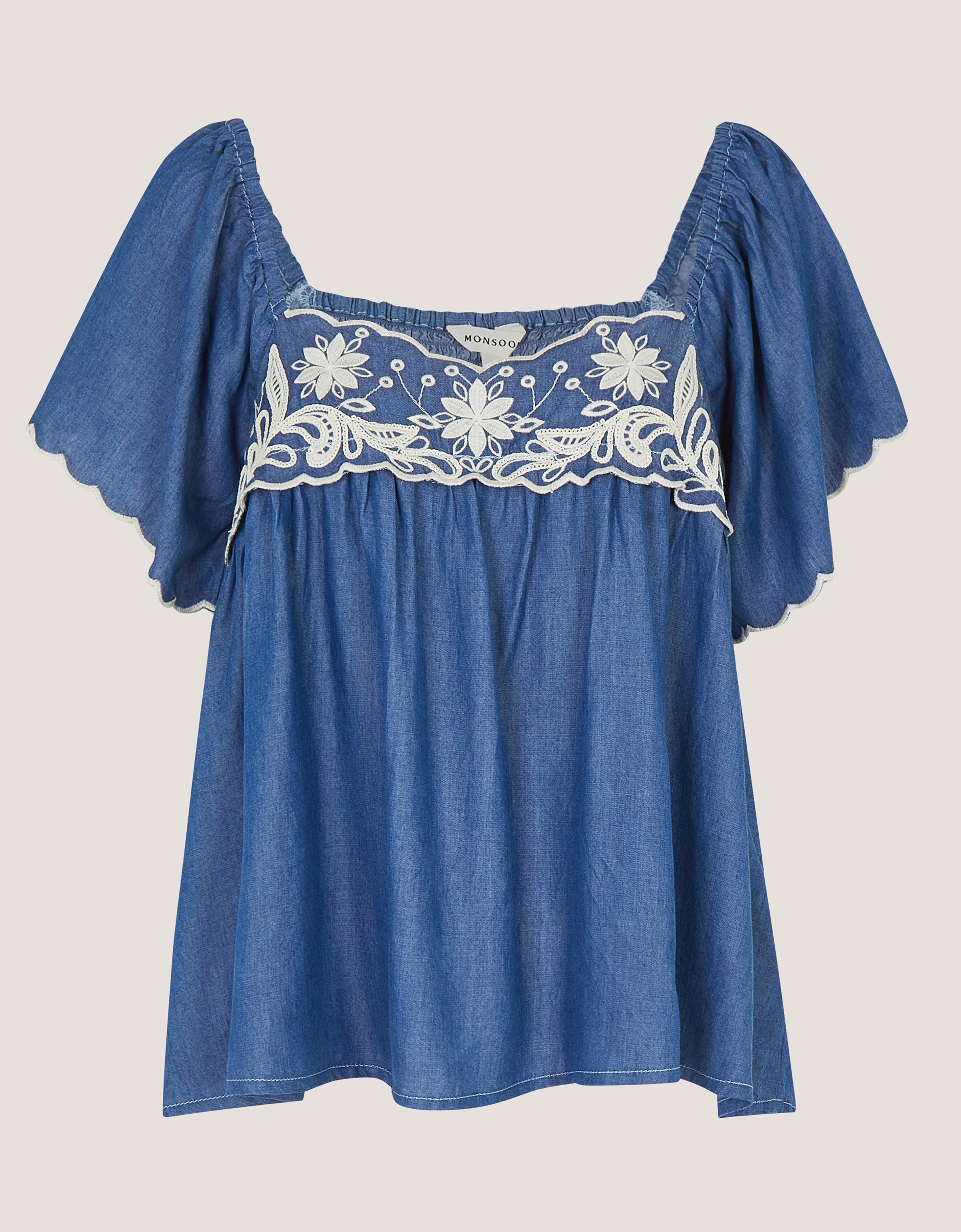 Monsoon Isla Short Sleeve Embroidered Denim Top, view 5