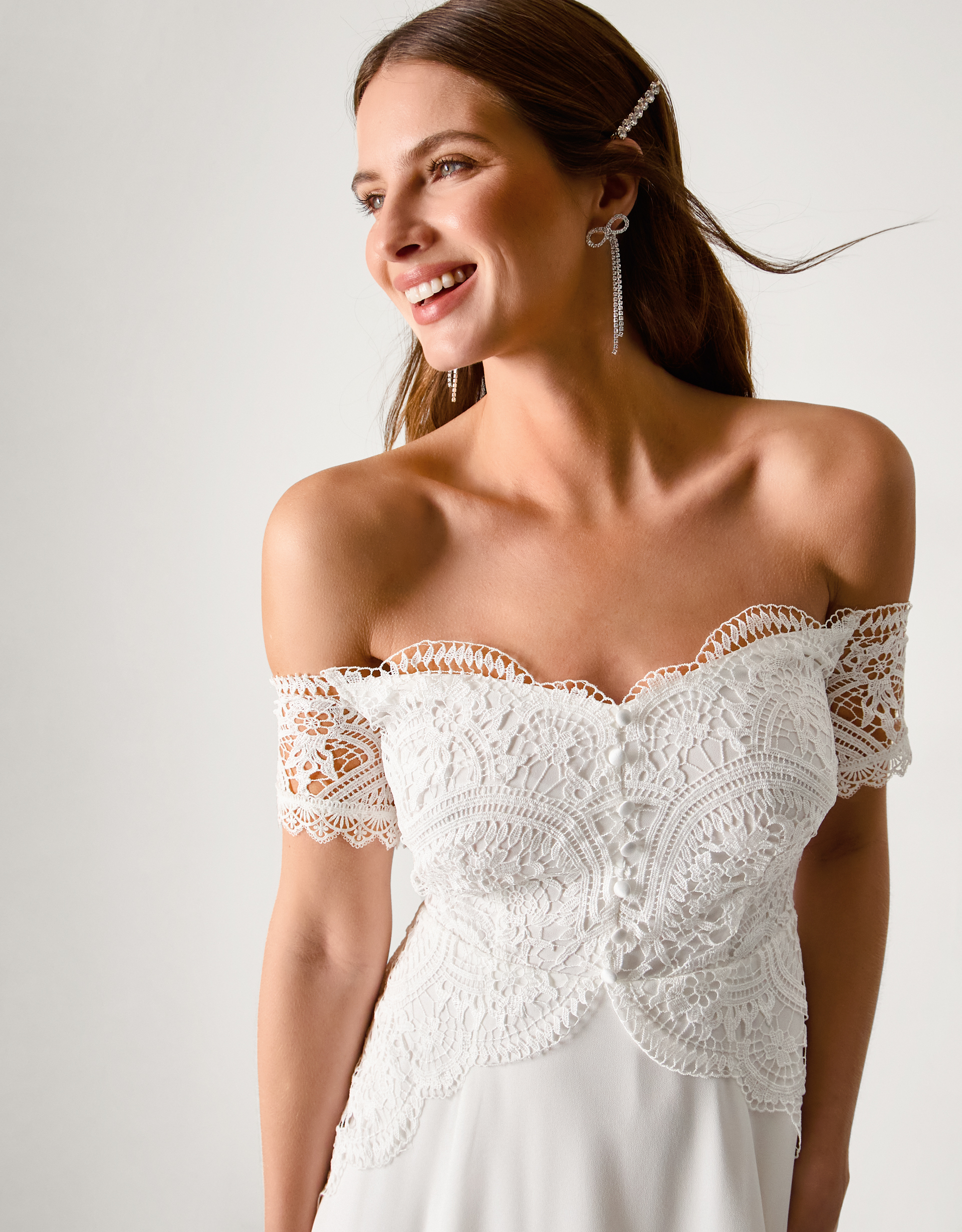 Monsoon Cream Floral Lace Maddie Off-Shoulder Wedding Dress, view 3