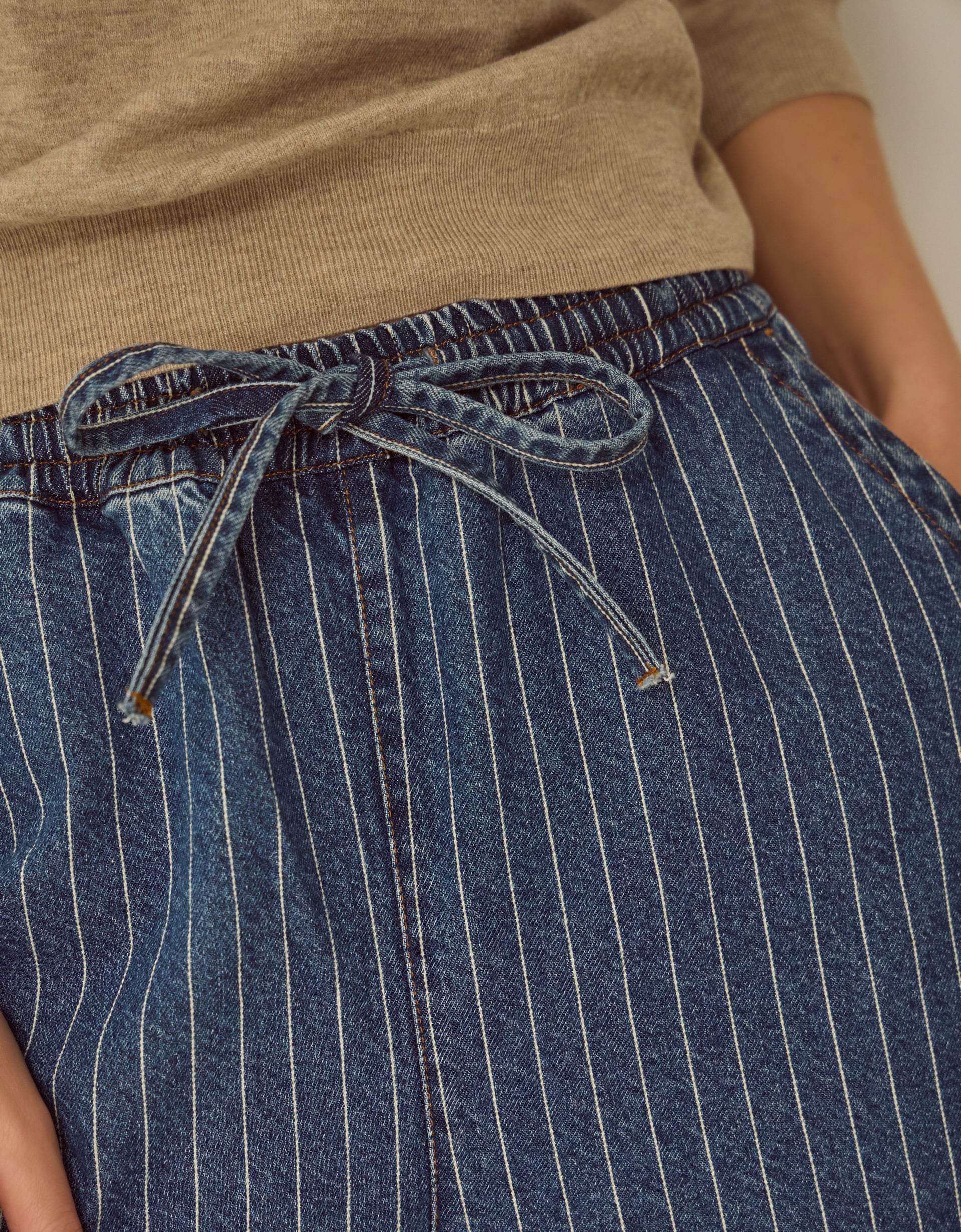 Monsoon Katja Drawstring Pinstripe Barrel Jeans, view 3