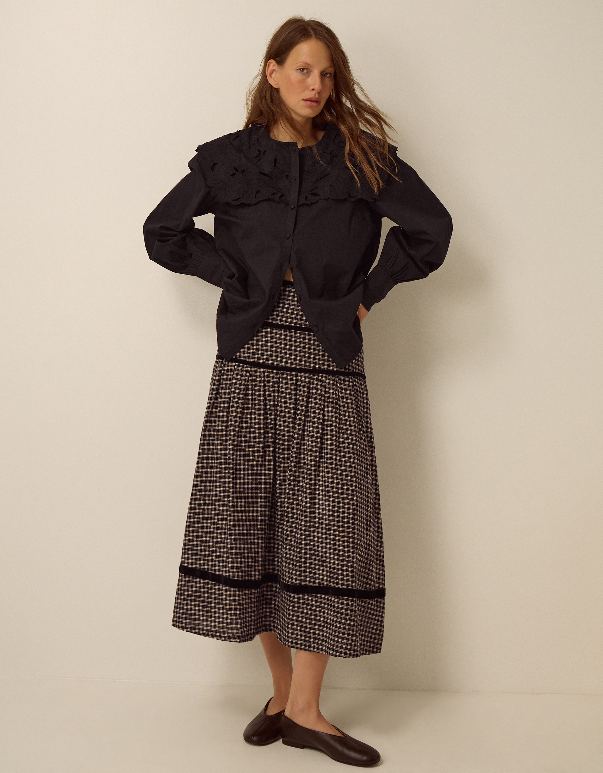 Monsoon Elise Check Print Midi Skirt in black