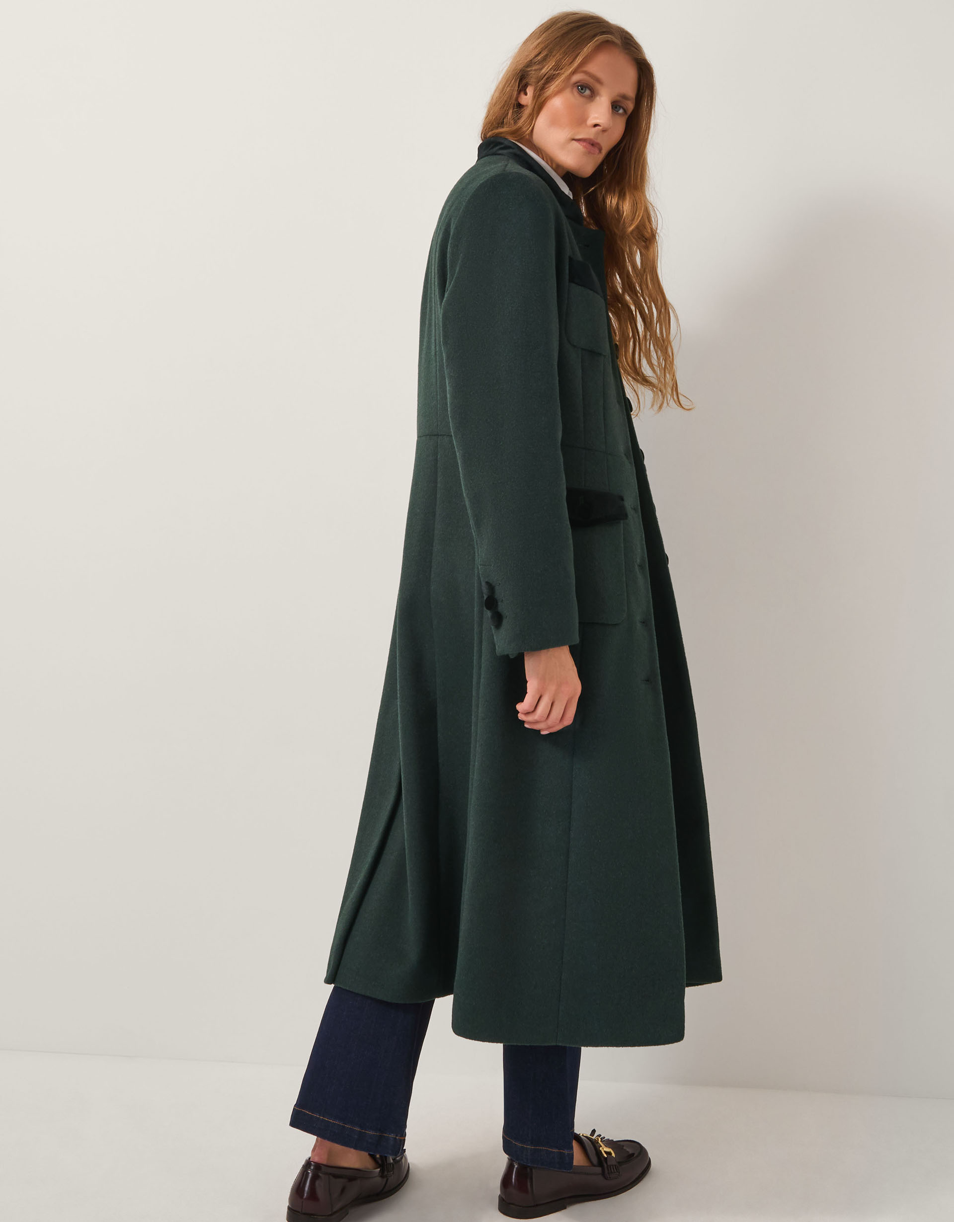 Monsoon Viv Velvet Trim Military Coat in Green, view 3
