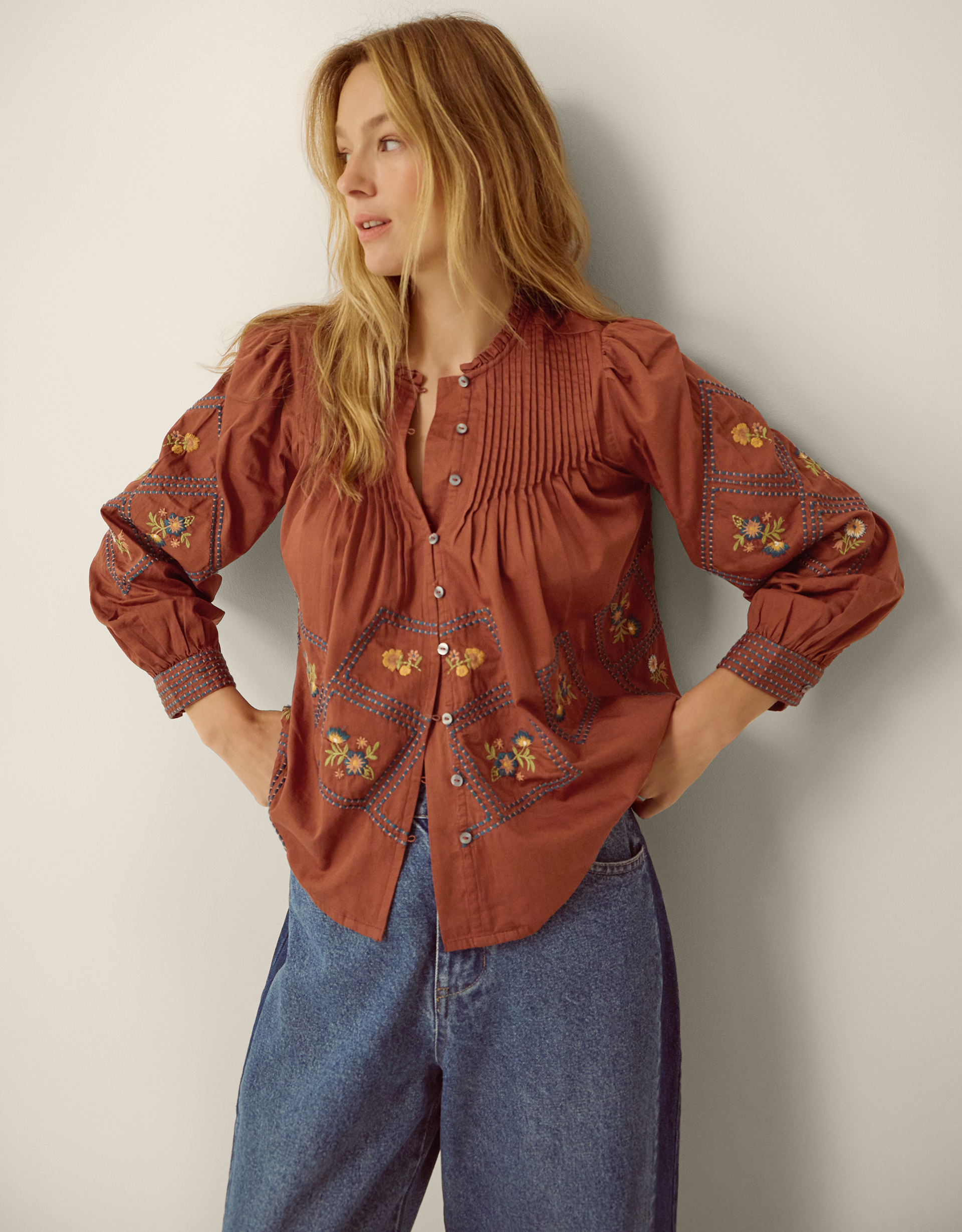 Monsoon Sadie Embroidered Pintuck Blouse Orange