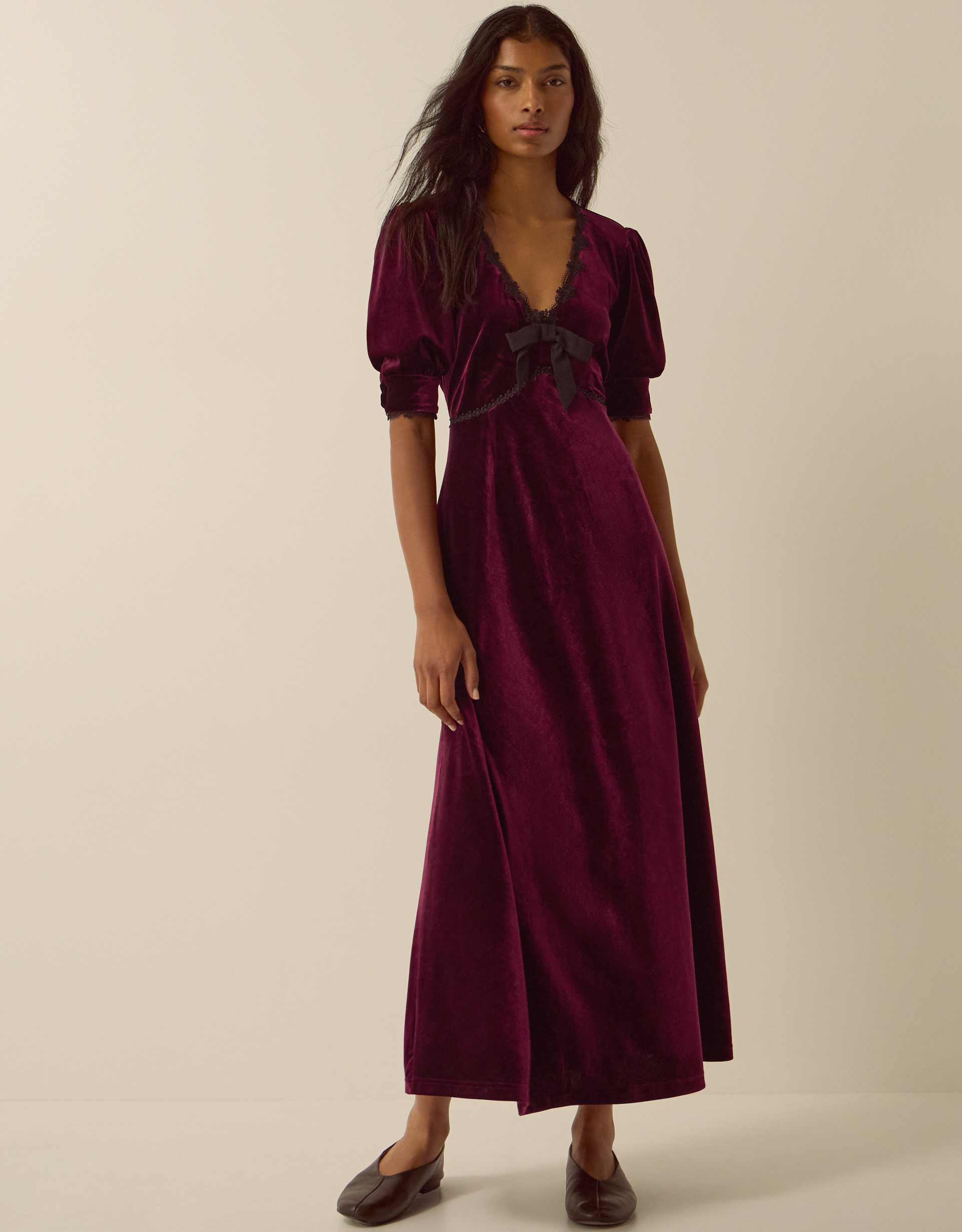 Monsoon Vera V-Neck Velvet Midi Dress in Red