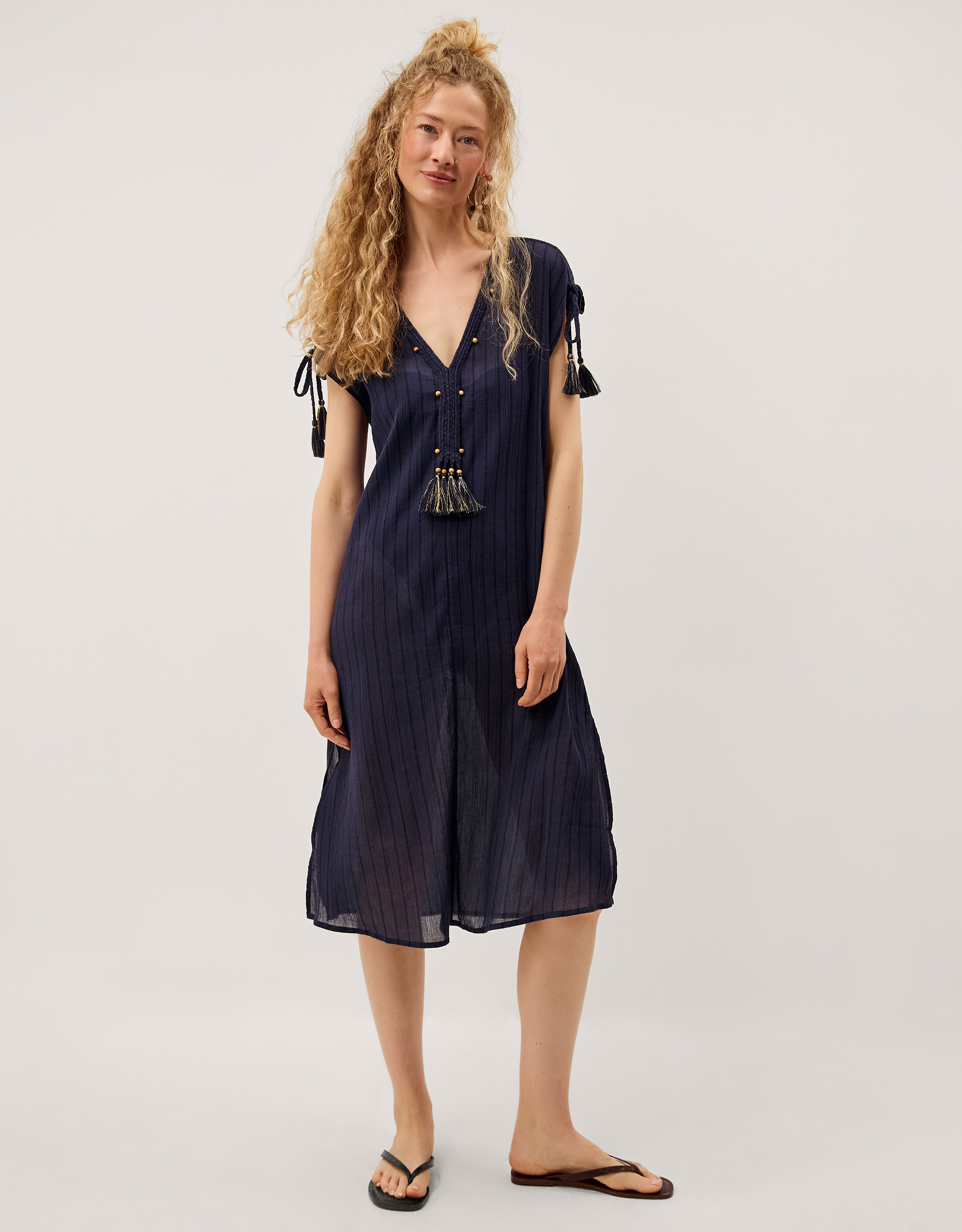 Monsoon Mia Tassel Stripe Midi Kaftan in blue