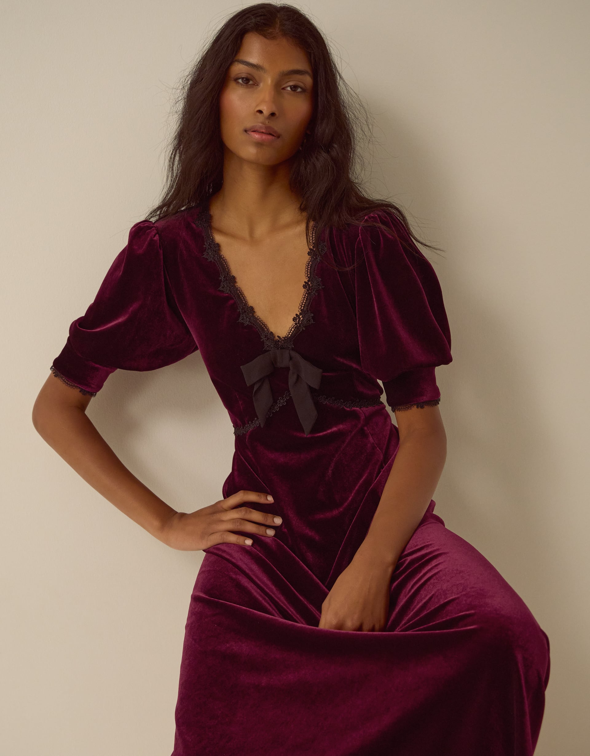 Monsoon Vera V-Neck Velvet Midi Dress in Red, view 3