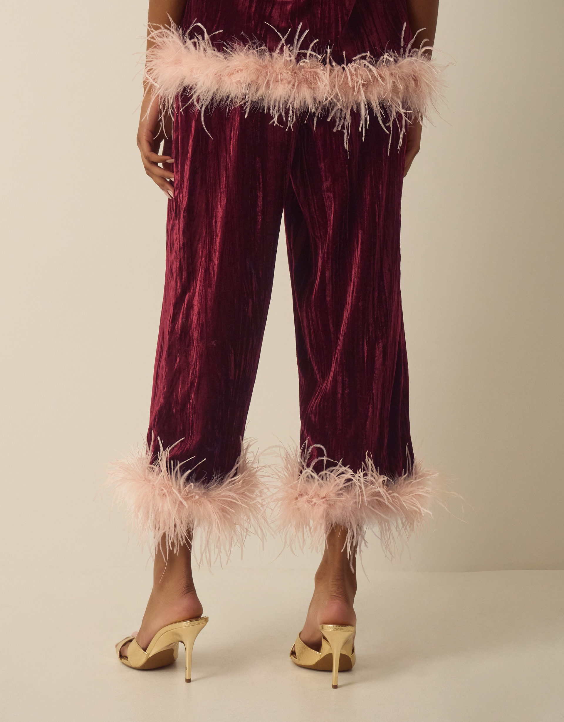 Monsoon Emma Faux Feather Cropped Velvet Trousers, view 3