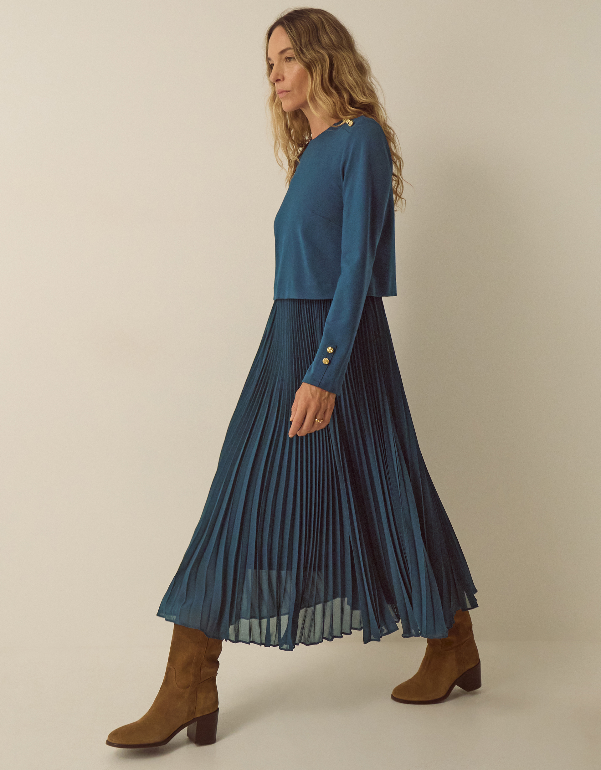 Monsoon Penny Long Sleeve Pleated Midi Dress