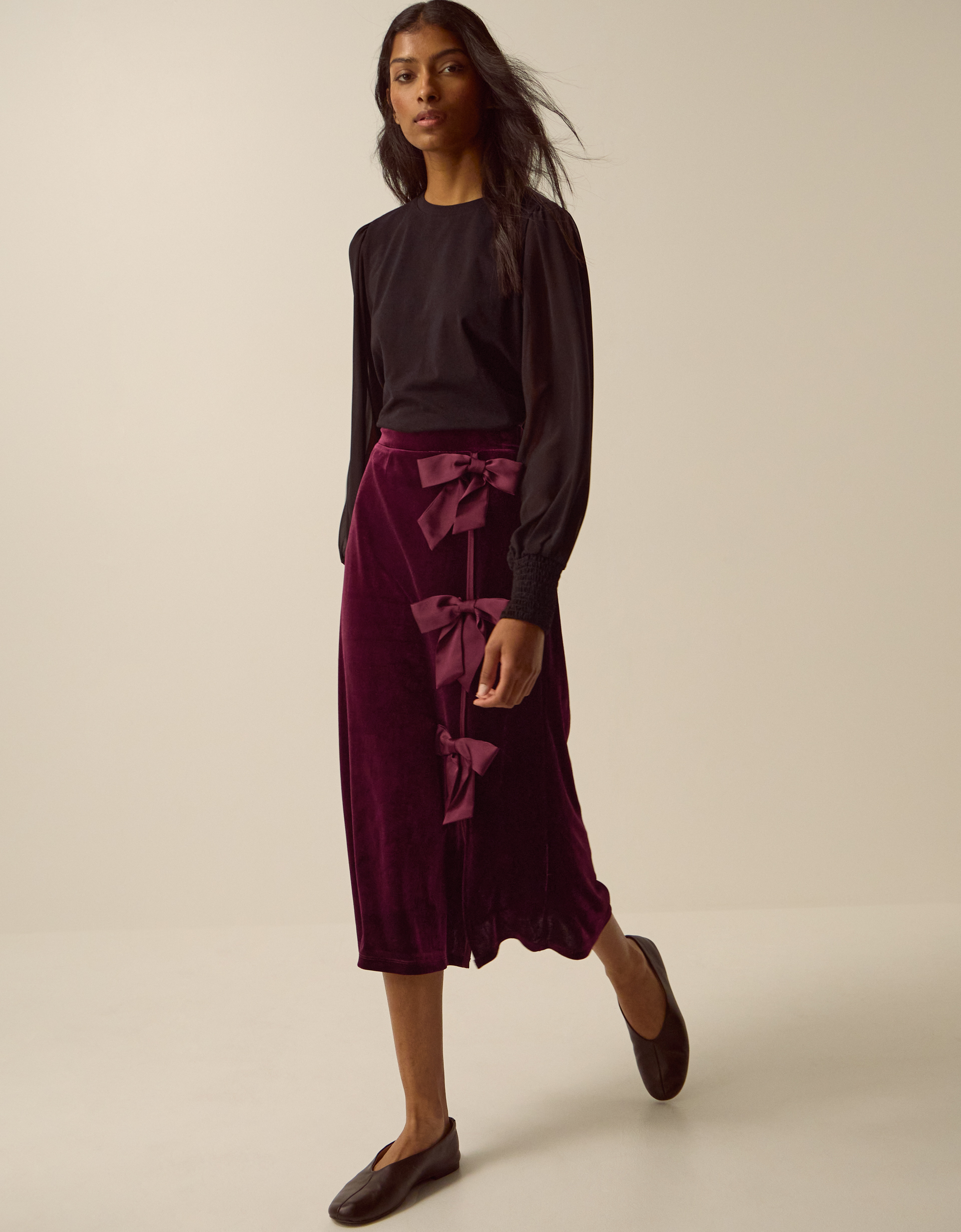 Monsoon Buffy Bow Velvet Midi Skirt, view 5