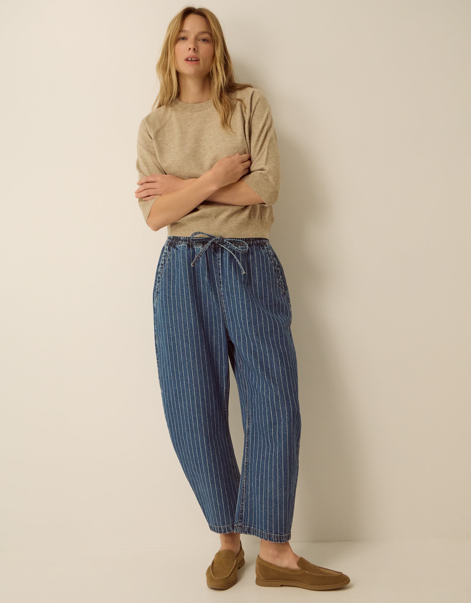 Monsoon Katja Drawstring Pinstripe Barrel Jeans in blue