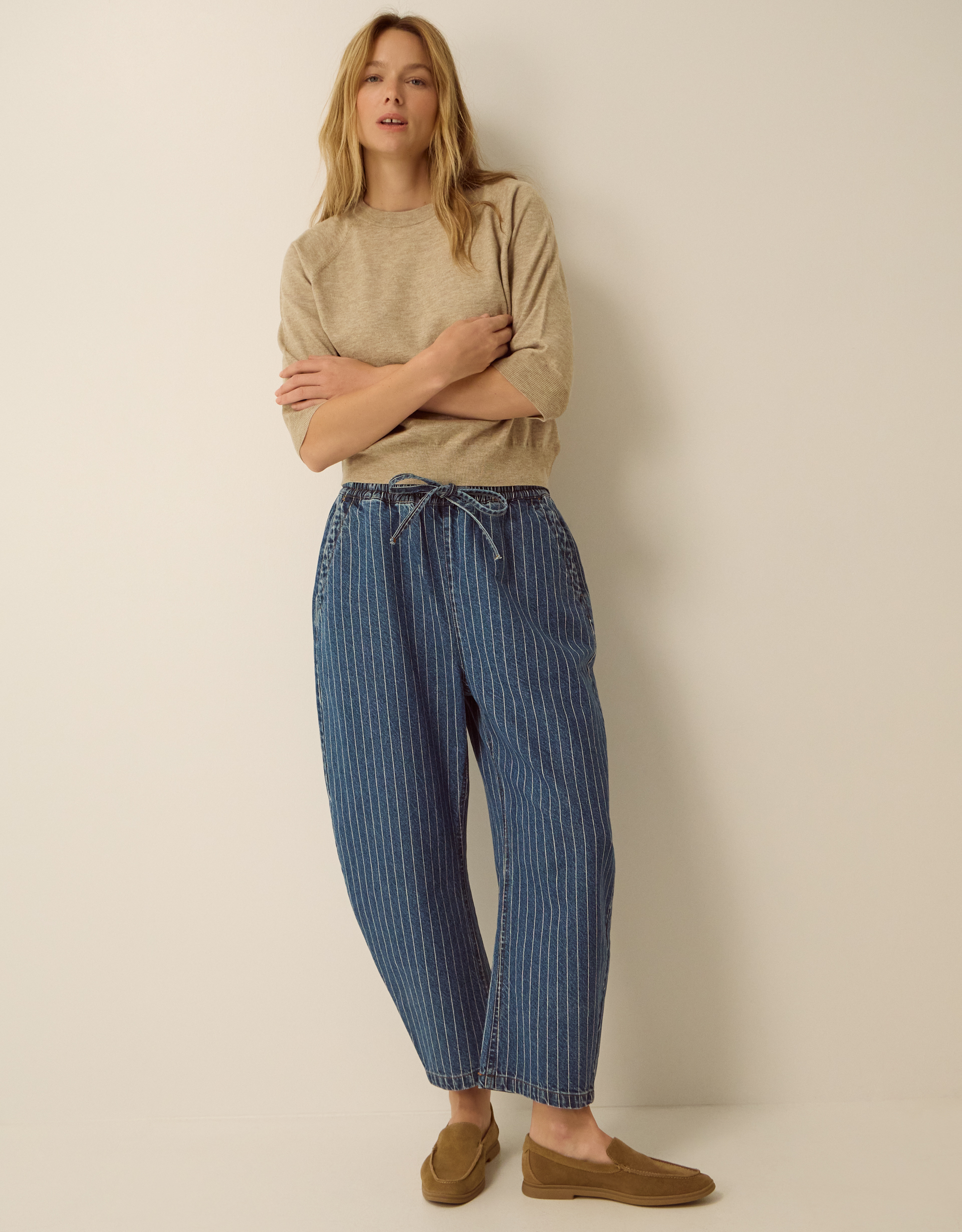 Monsoon Katja Drawstring Pinstripe Barrel Jeans