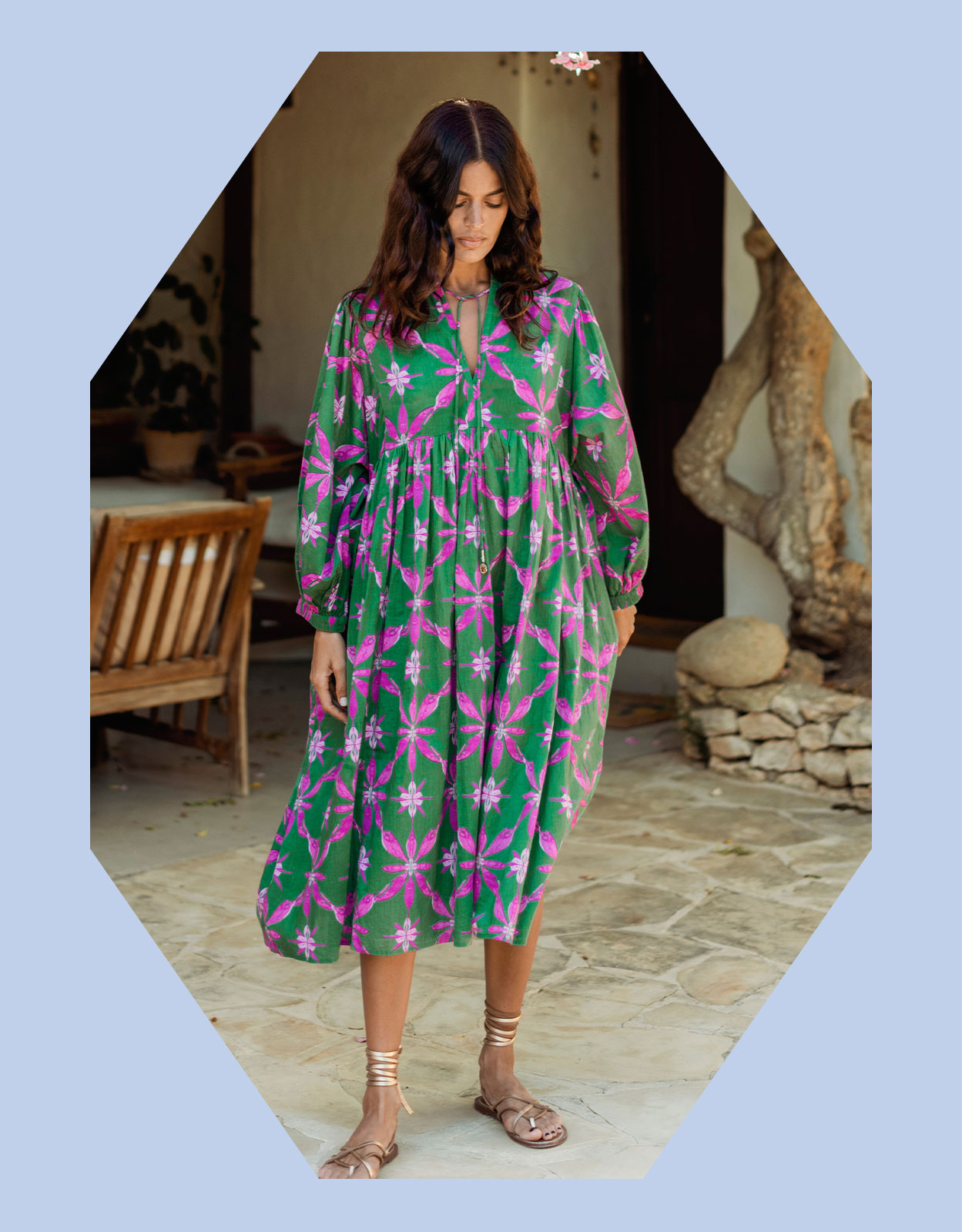 La Galeria Elefante Women's Green Cotton Printed Smock Dress, Size: L