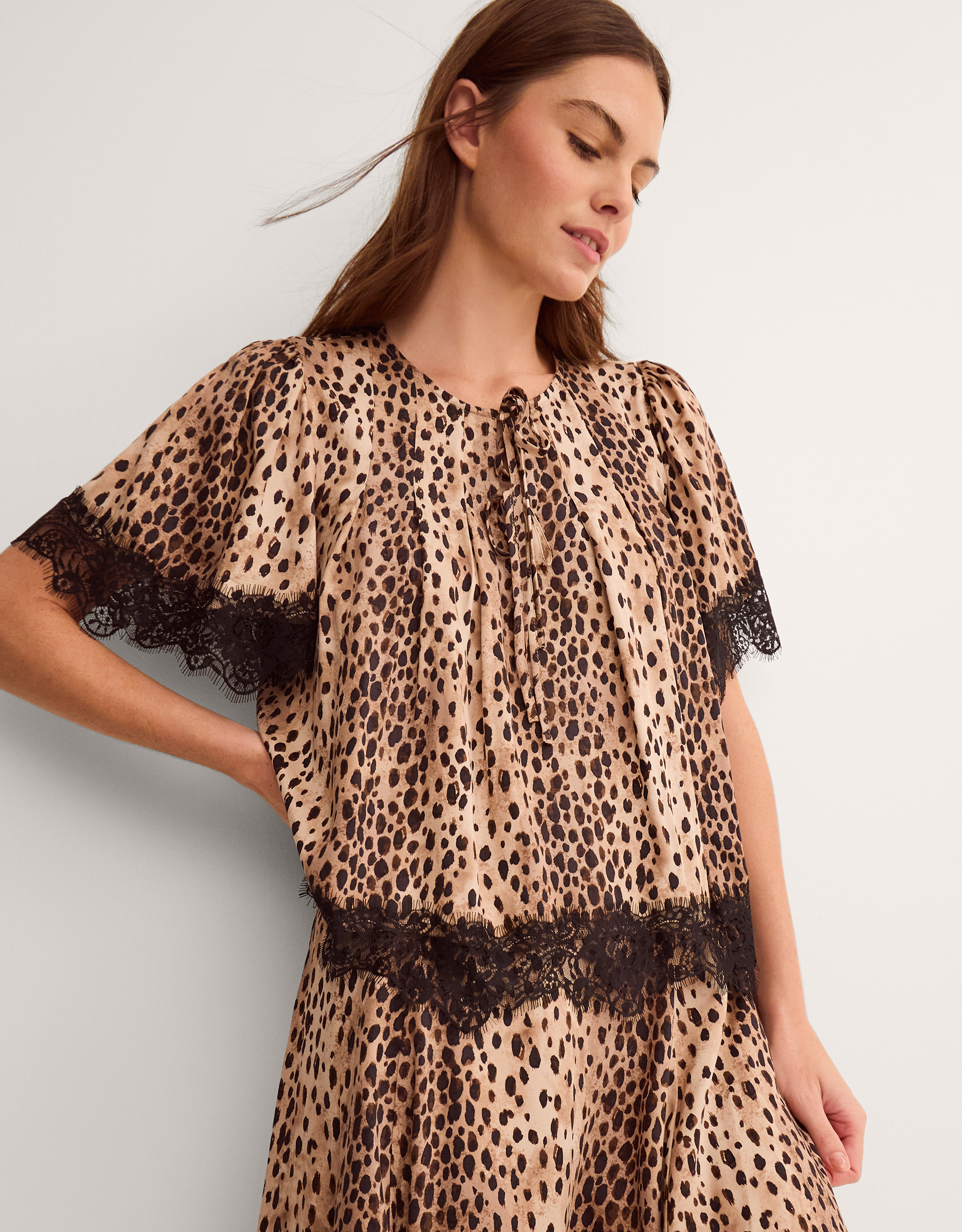 Monsoon Women's Brown Leopard Print Babette Lace Top, Size: XL