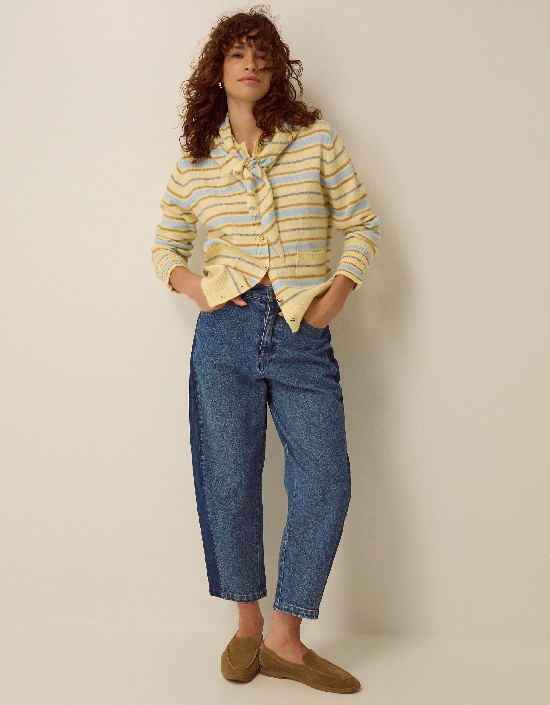 Monsoon Shola Stripe Cardigan & Scarf in Yellow, view 4