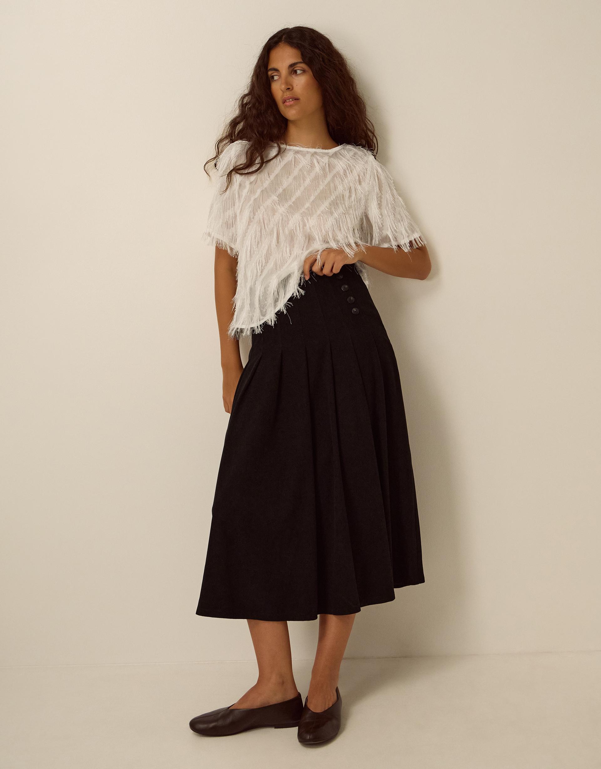 Monsoon Sonja Pleated Corduroy Midi Skirt in Black