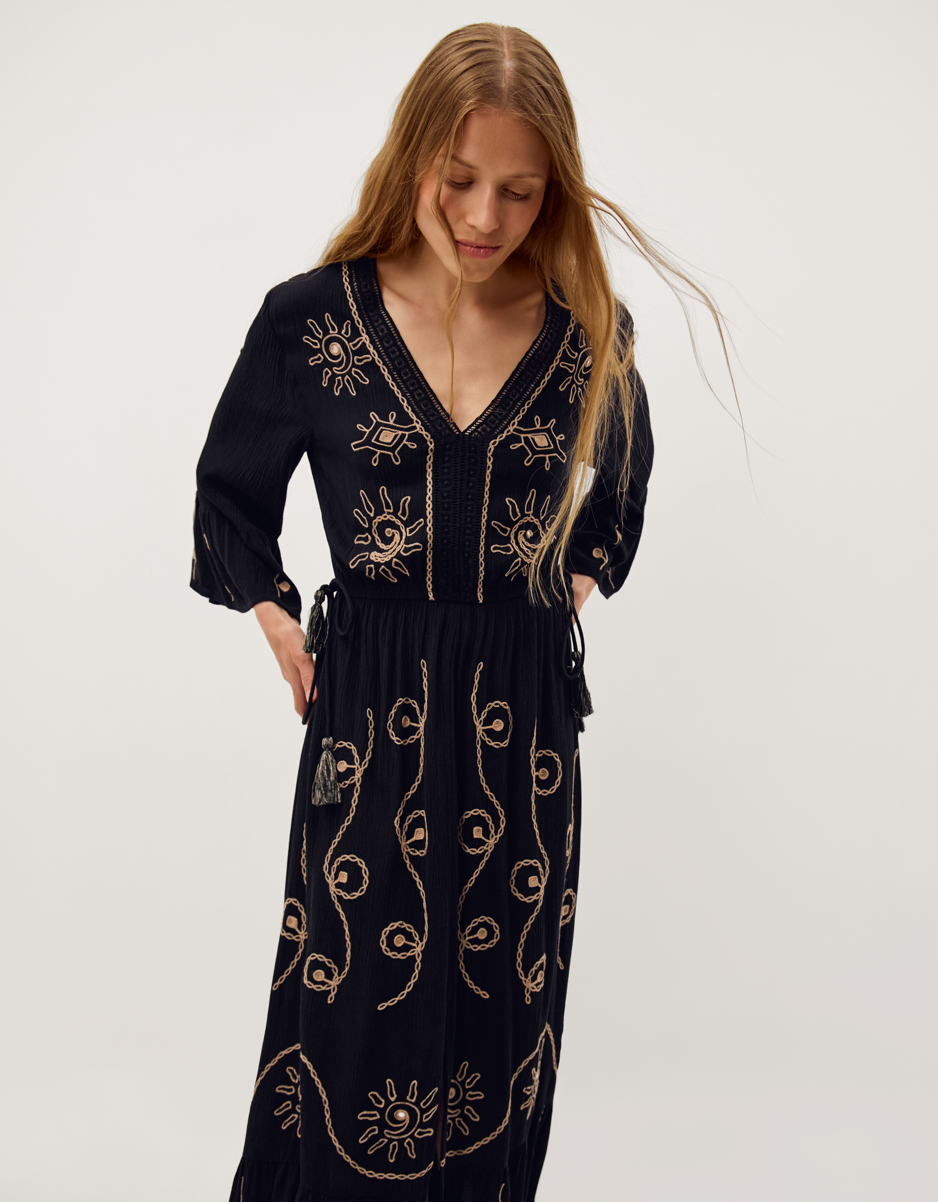 Monsoon Sophy Embroidered Maxi Kaftan in black