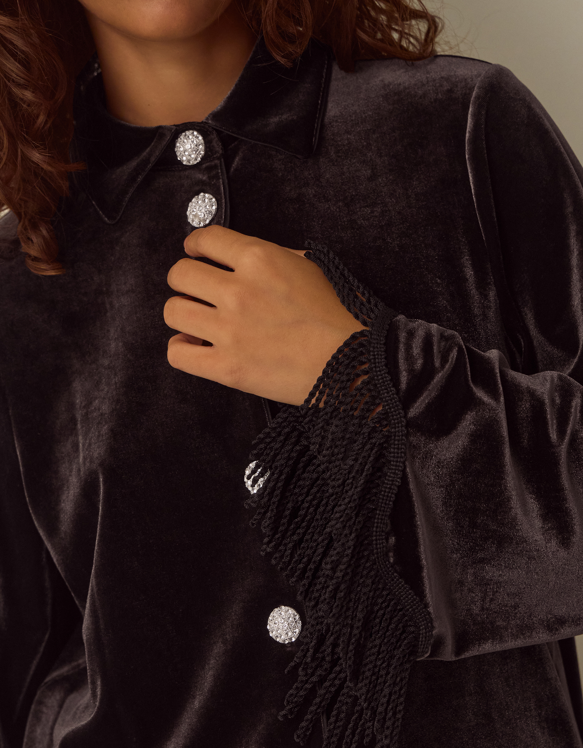 Monsoon Tami Fringe Cuff Velvet Shirt, view 3