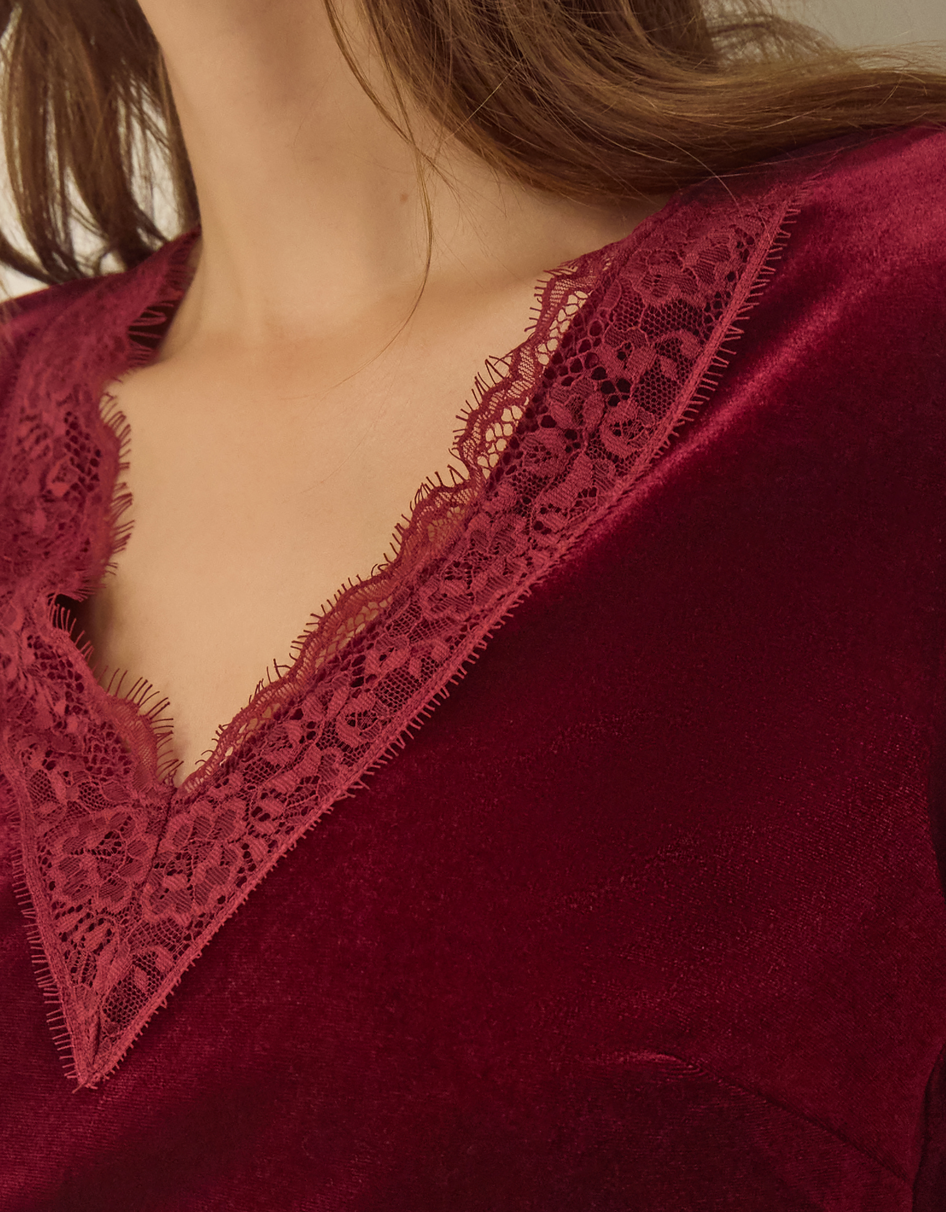 Monsoon Lexi Lace Trim Velvet Top in Red, view 2