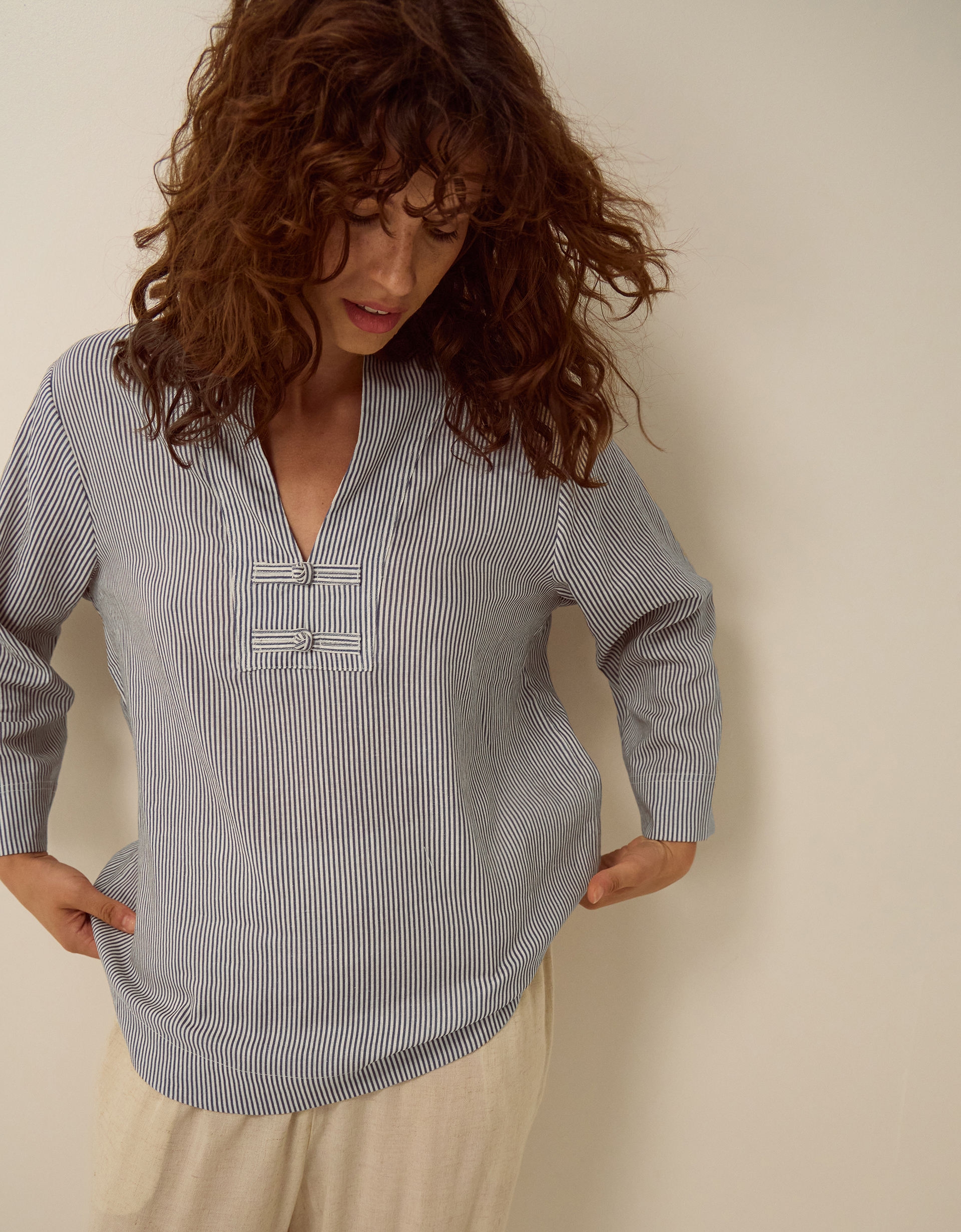 Monsoon Alexa Stripe Linen Blend Top in blue