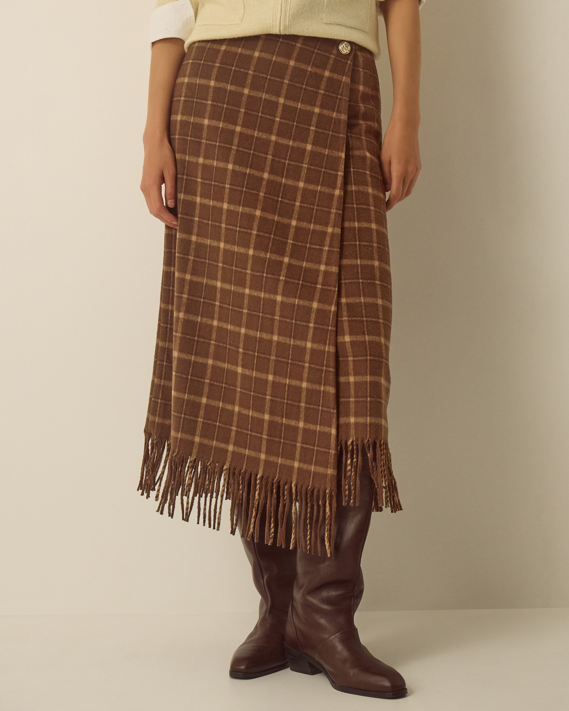 Monsoon Celeste Check Fringe Midi Skirt, view 4