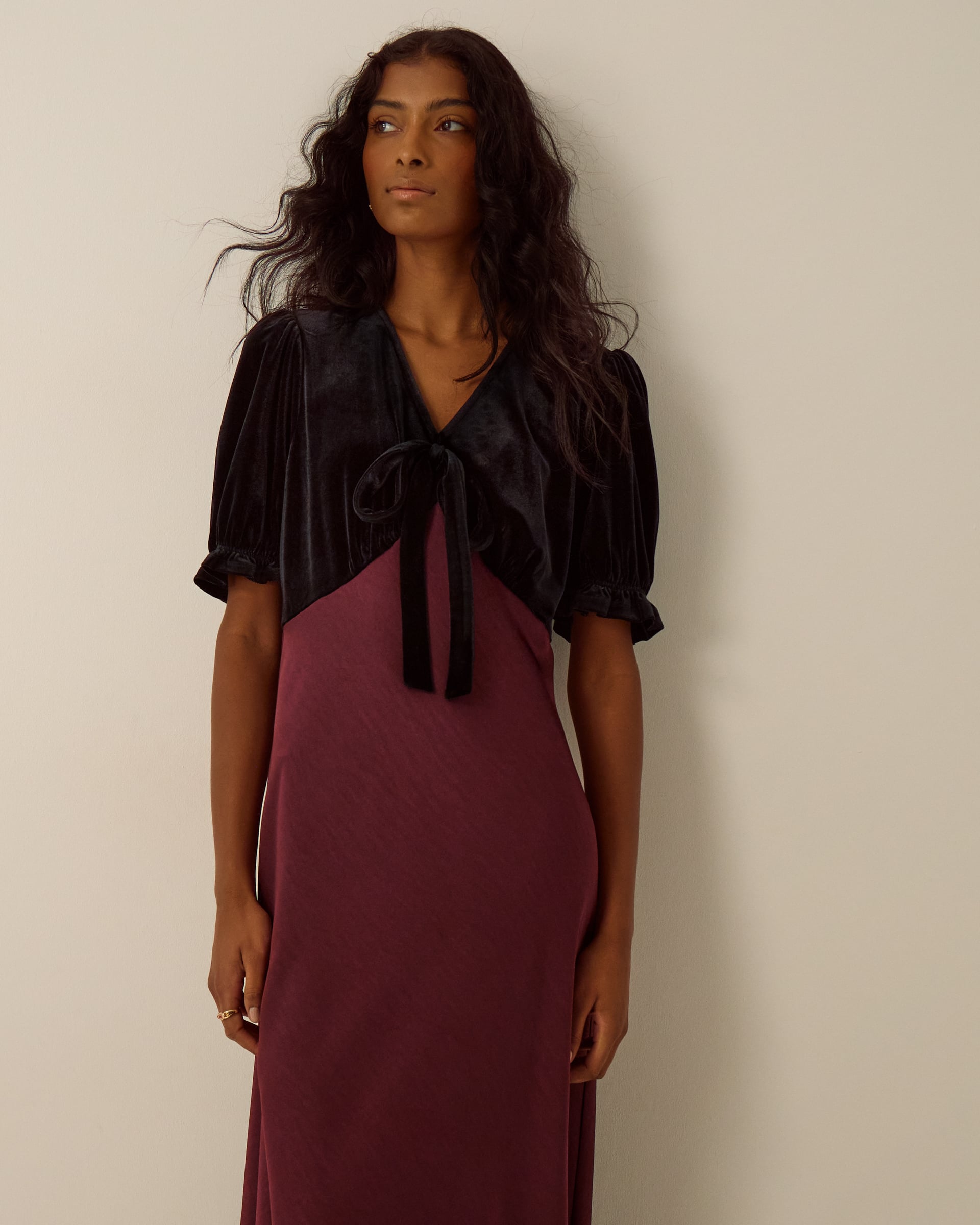 Monsoon Fiona Puff Sleeve Velvet Satin Midi Dress, view 4