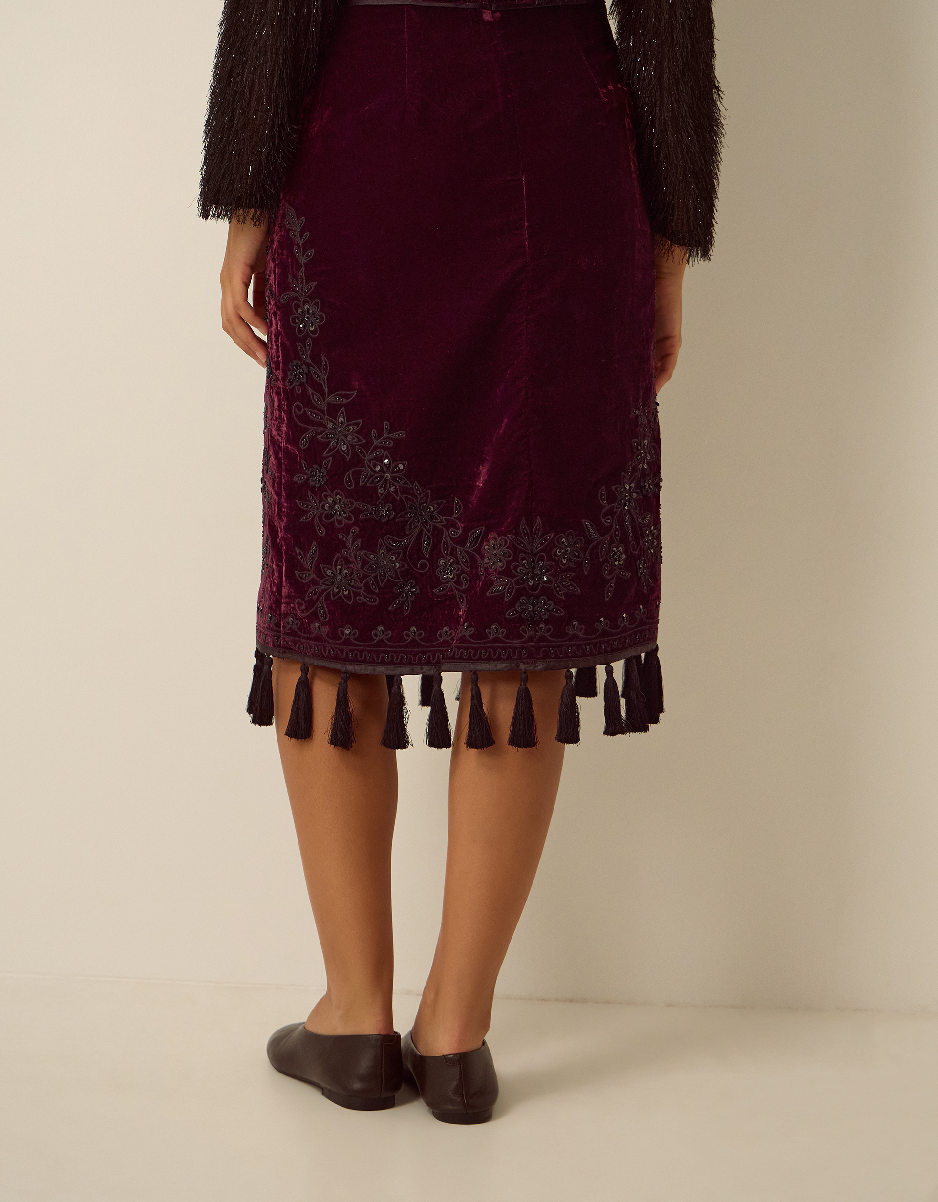 Monsoon Mila Embellished Velvet Knee Length Skirt, view 3