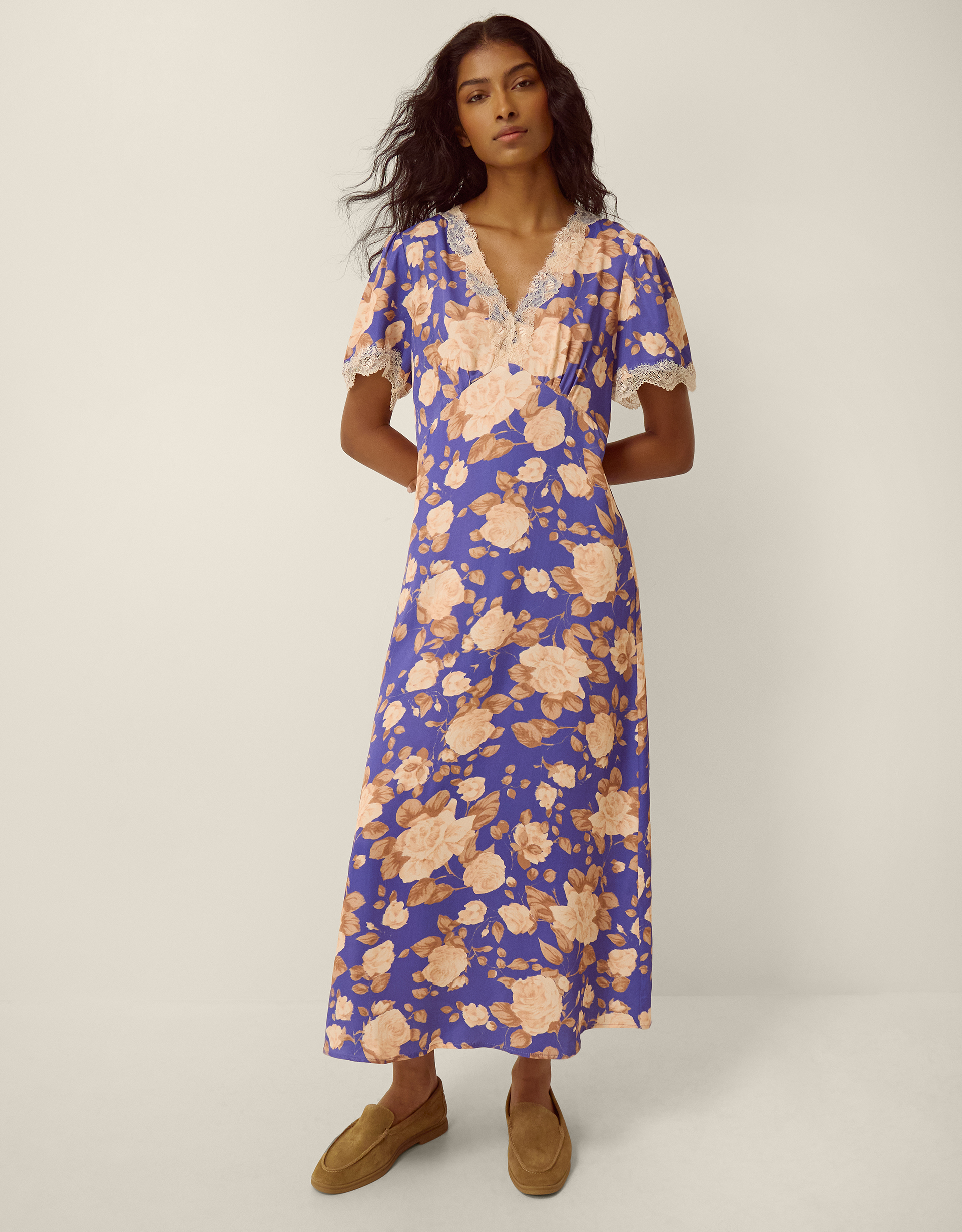 Monsoon Lori Lace Floral Satin Midi Dress