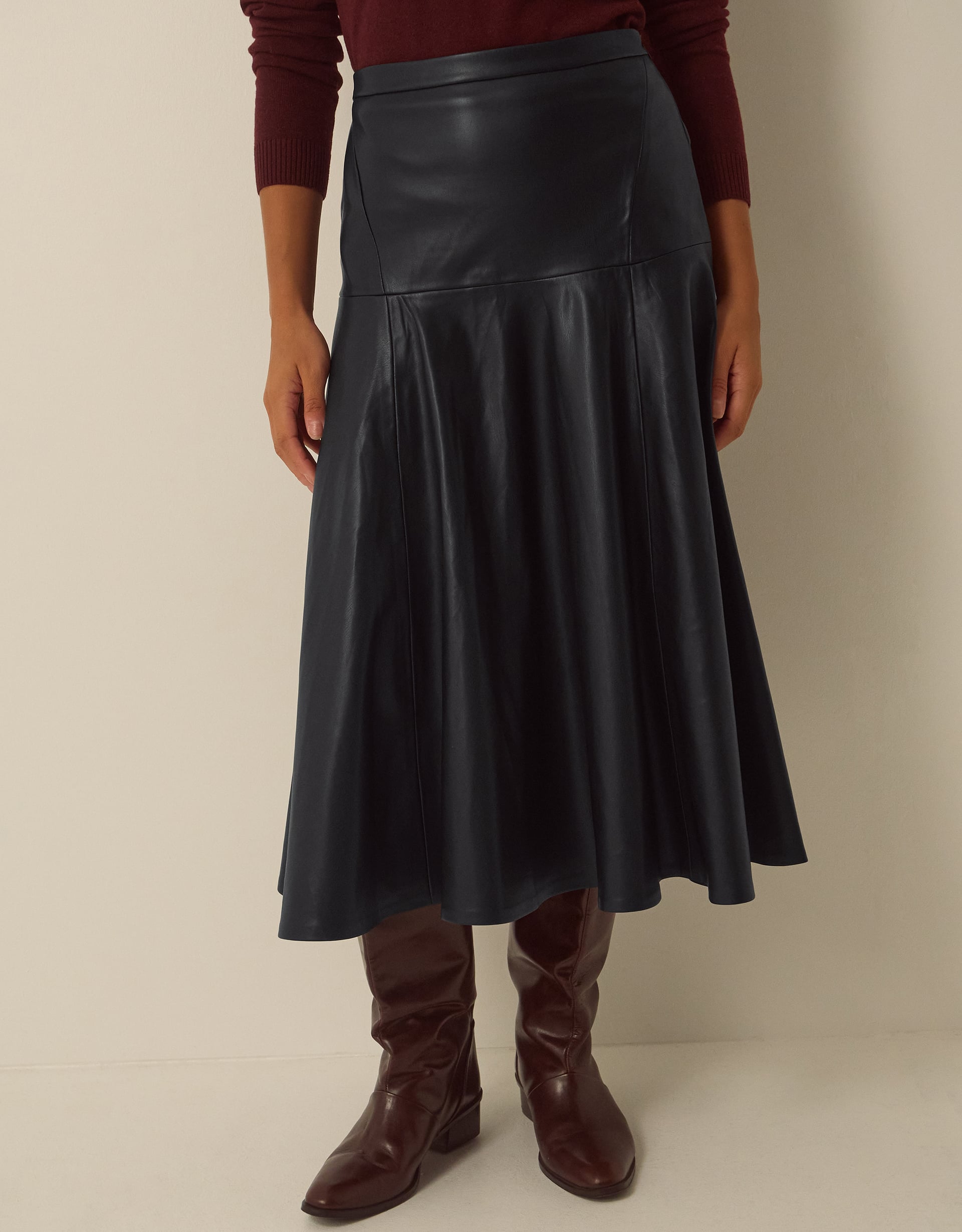 Monsoon Dianne Faux Leather Midi Skirt in Black, view 2