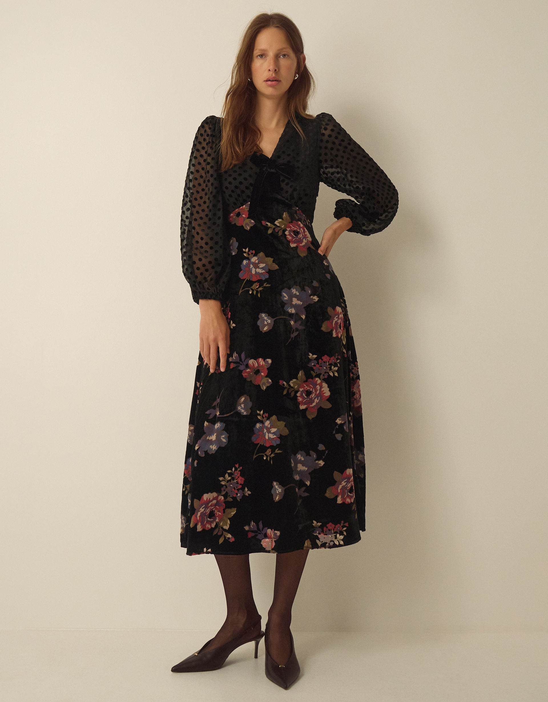 Monsoon Abril V-Neck Floral Devoré Velvet Midi Dress