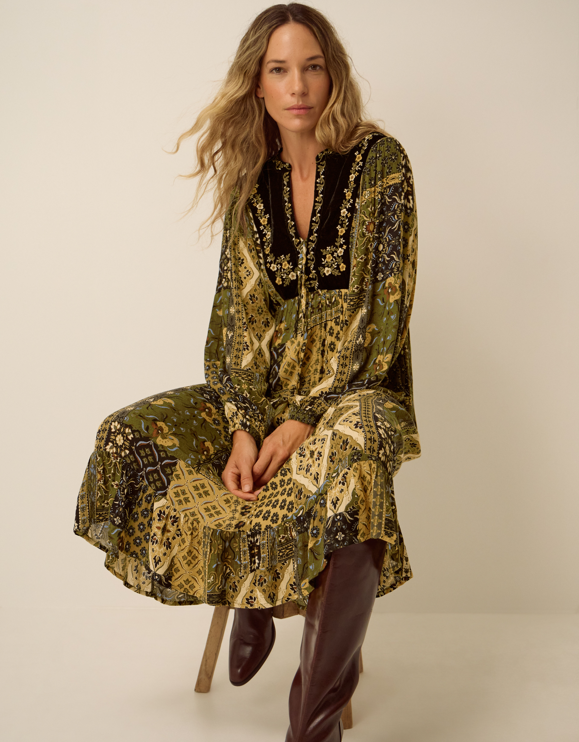 Monsoon Laoise Floral Patchwork Midi Dress Green, view 2
