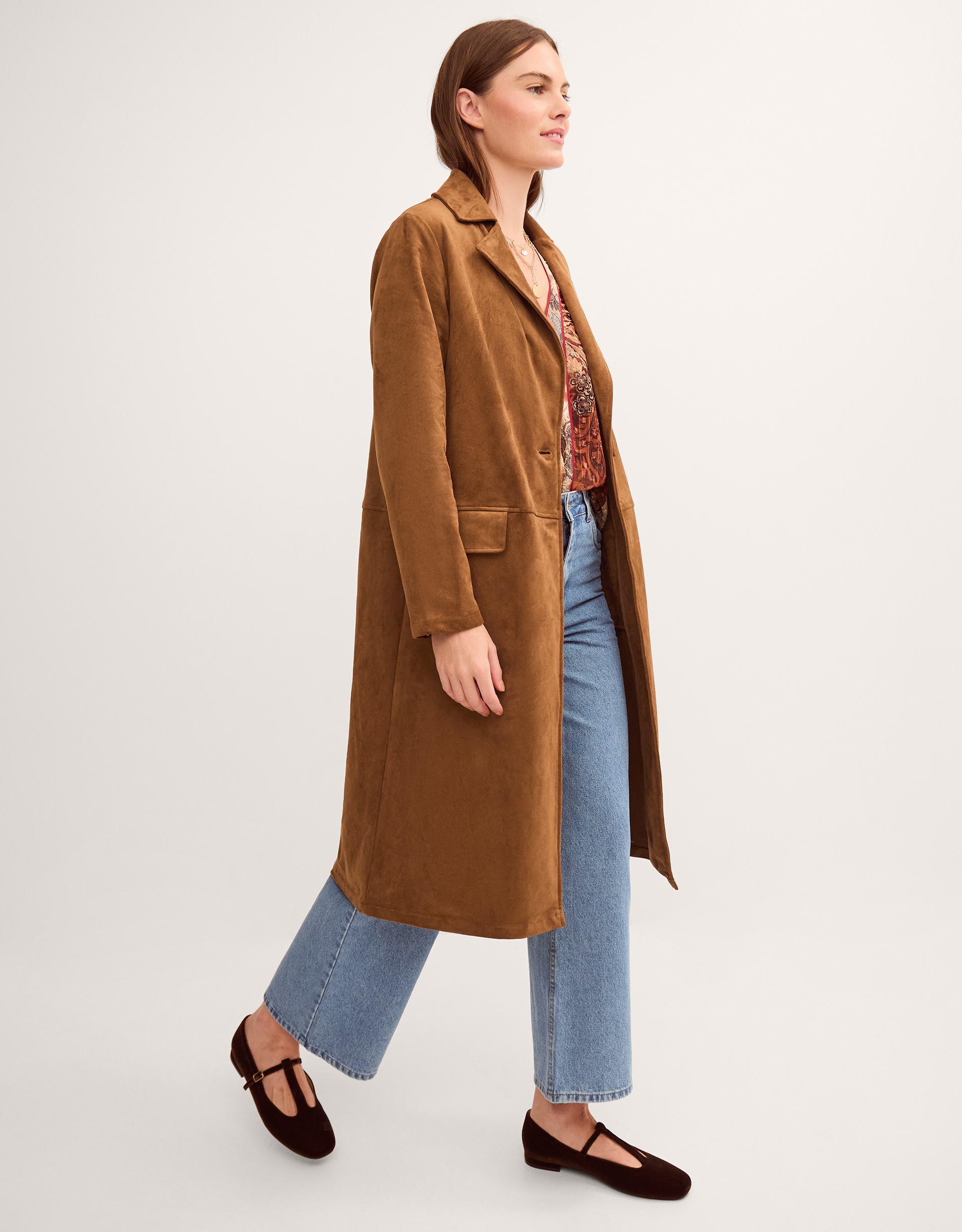 Monsoon Tove Faux Suede Coat in Tan, view 4
