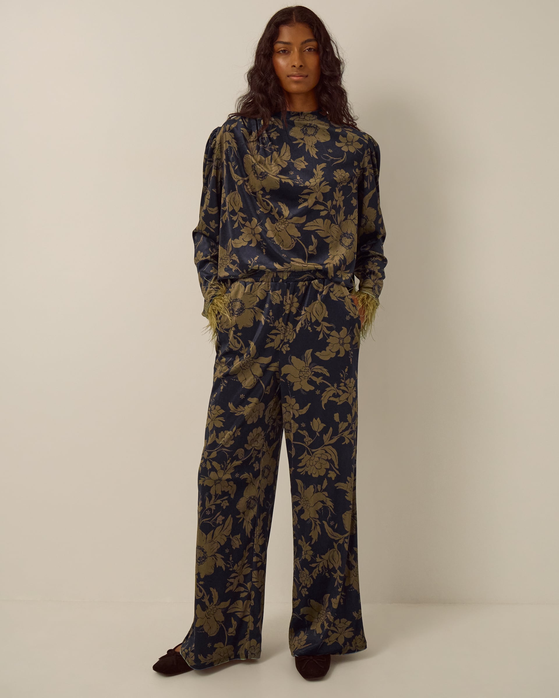 Monsoon Princella High Waisted Floral Velvet Wide Leg Trousers in blue