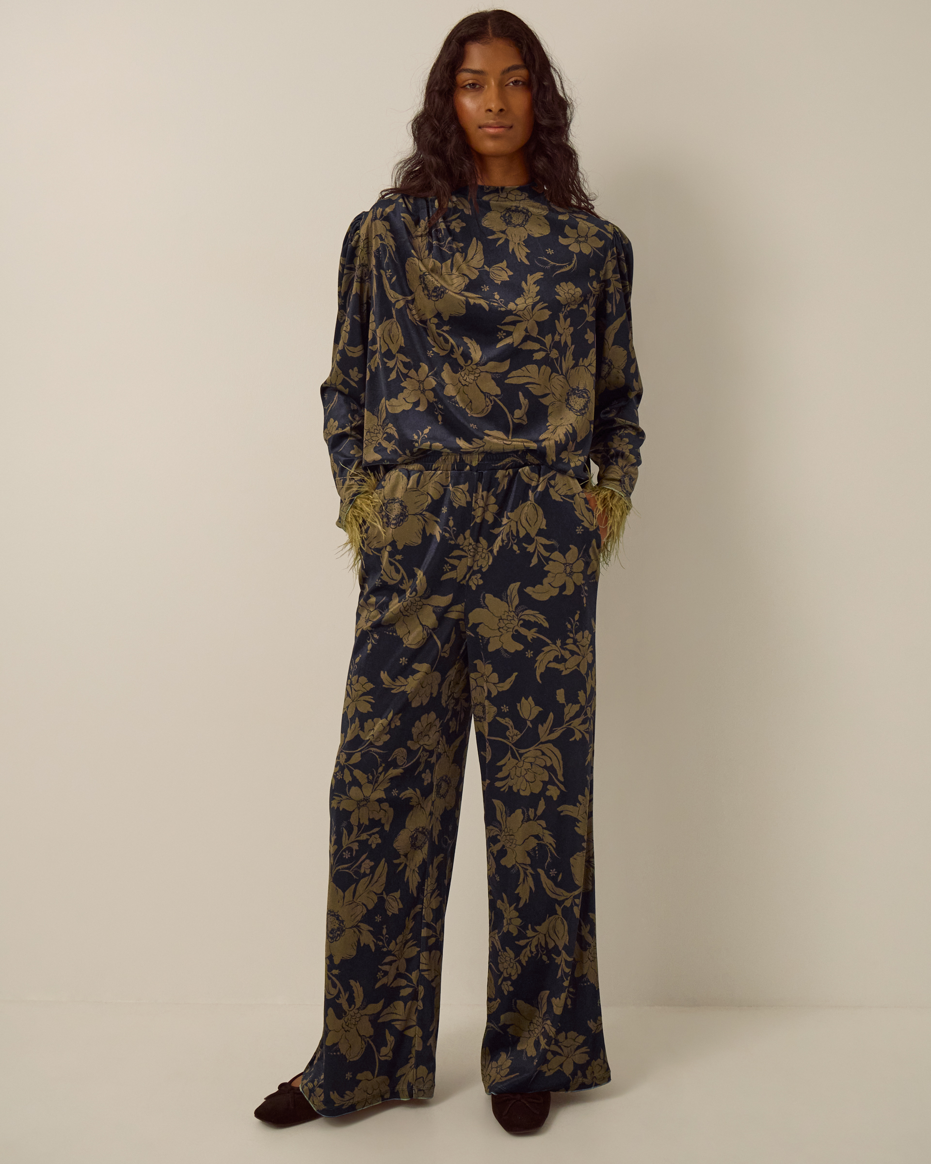 Monsoon Princella High Waisted Floral Velvet Wide Leg Trousers