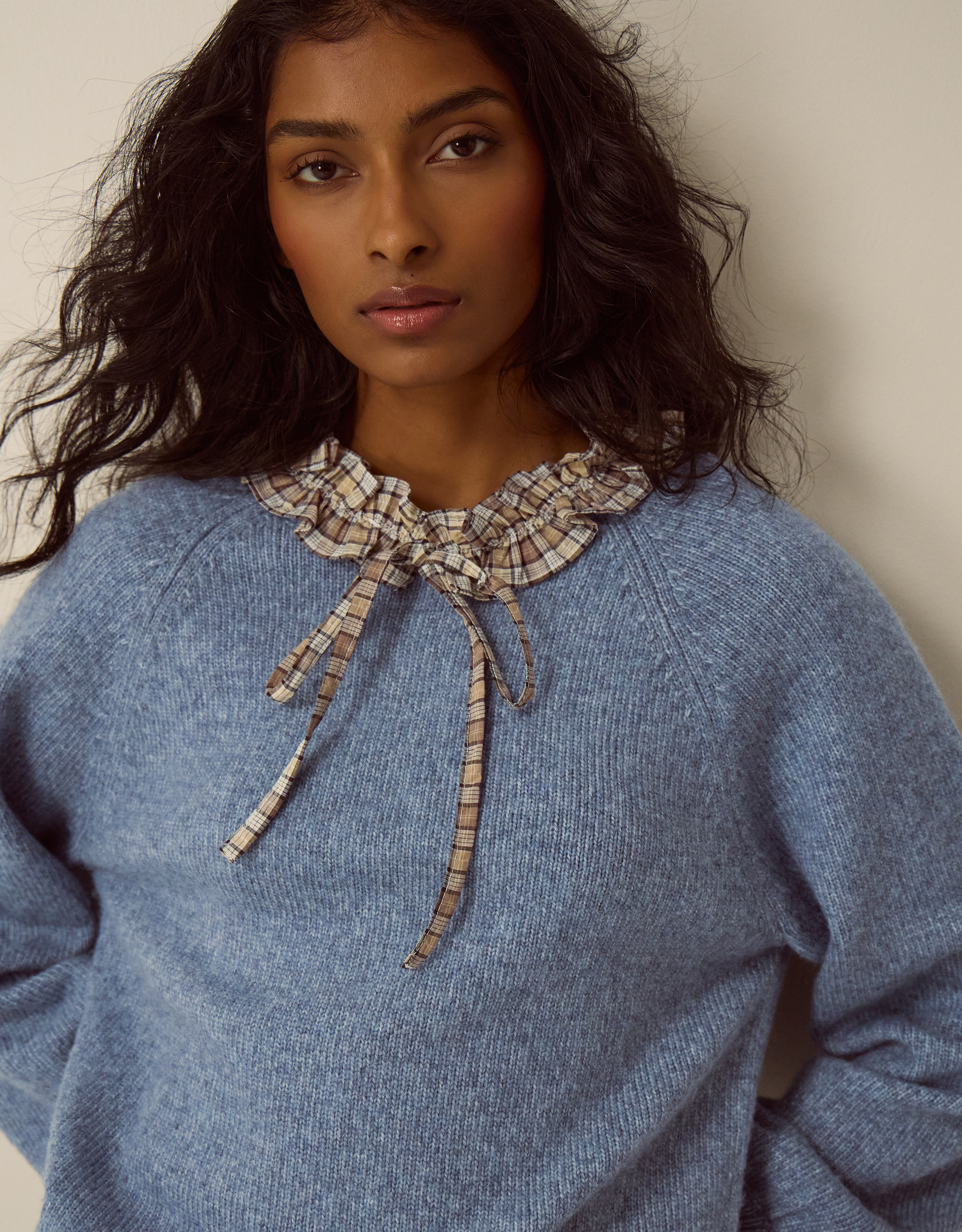 Monsoon Corie Check Ruffle Collar Jumper, view 2