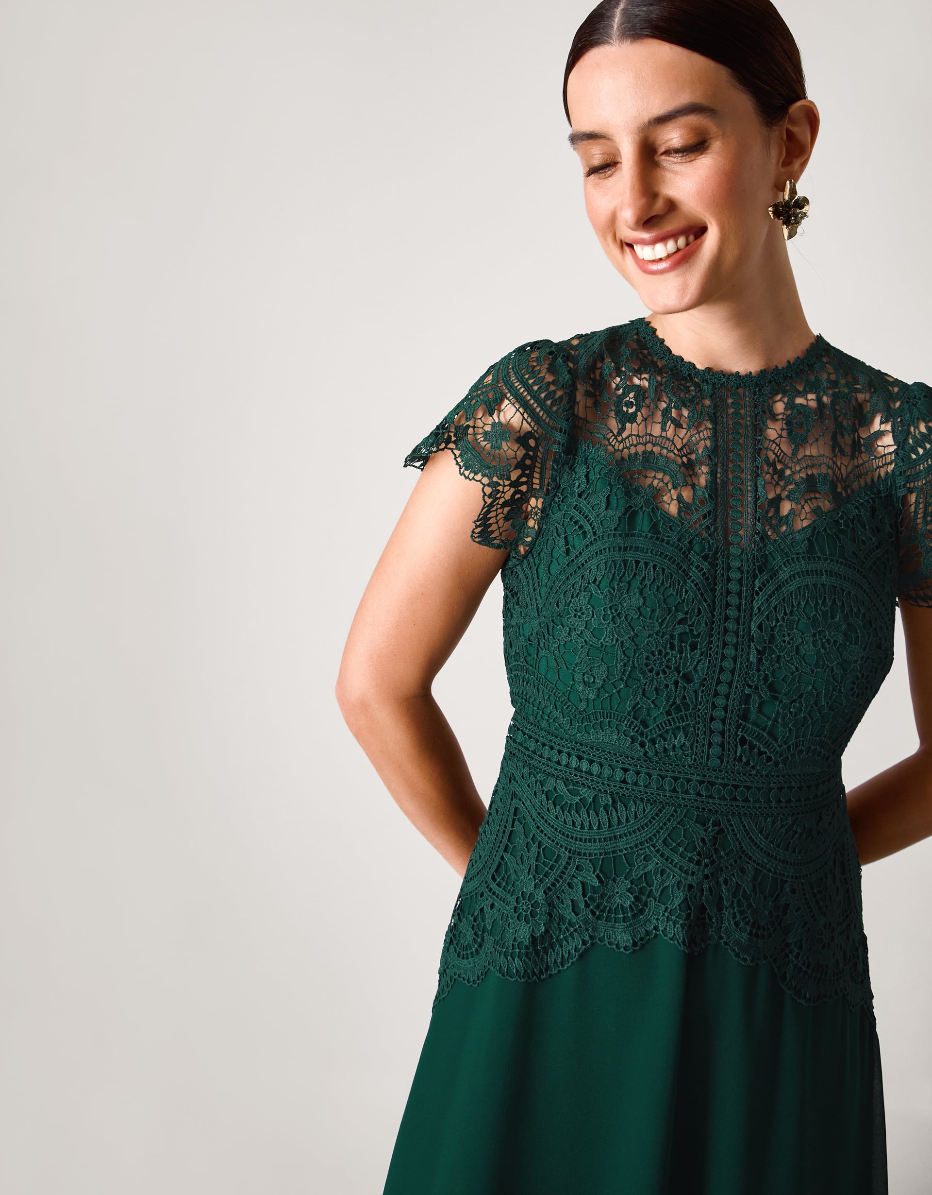 Monsoon Dark Green Floral Lace Monica Bridesmaid Dress, view 2
