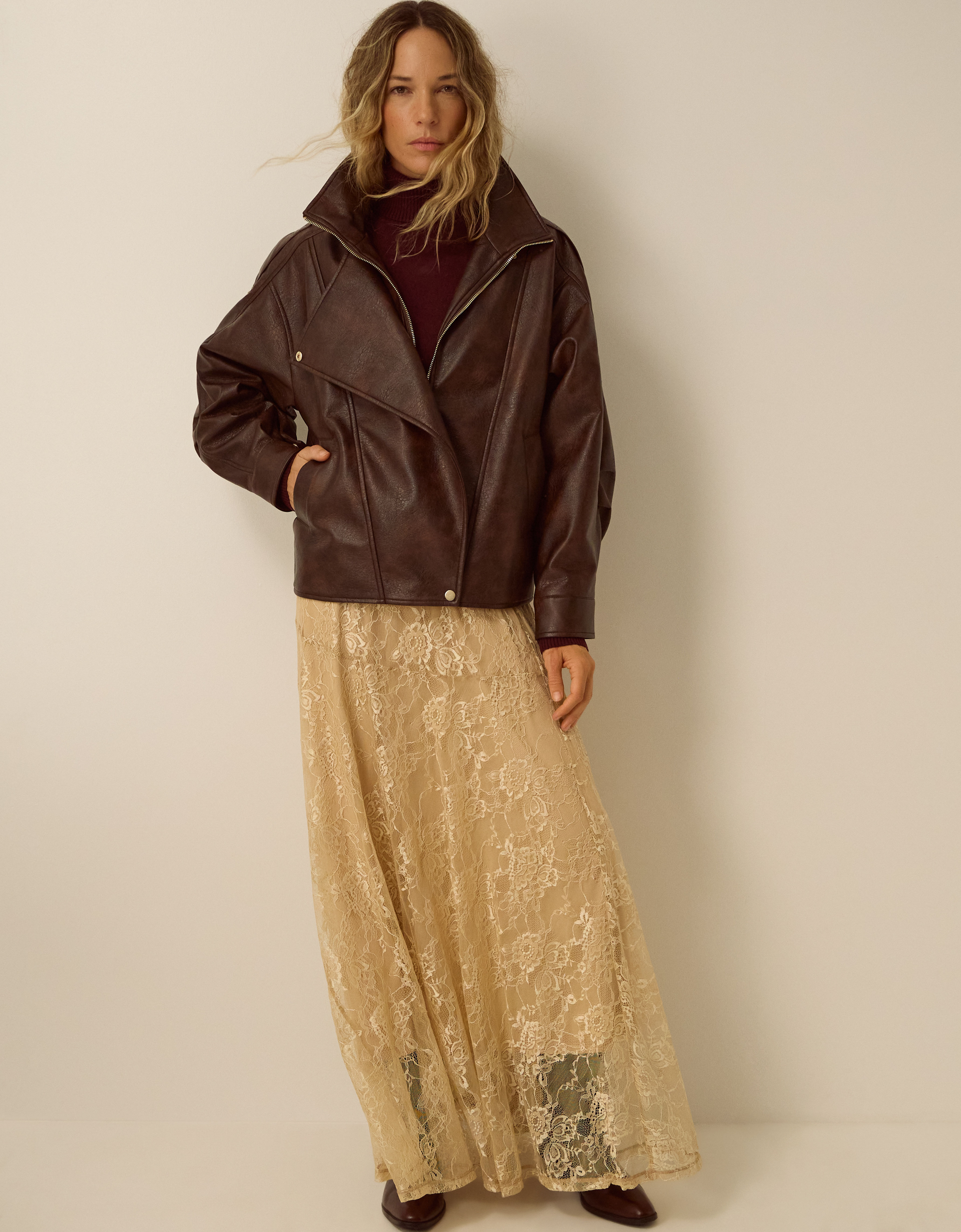 Monsoon Grace Faux Leather Bomber Jacket Brown