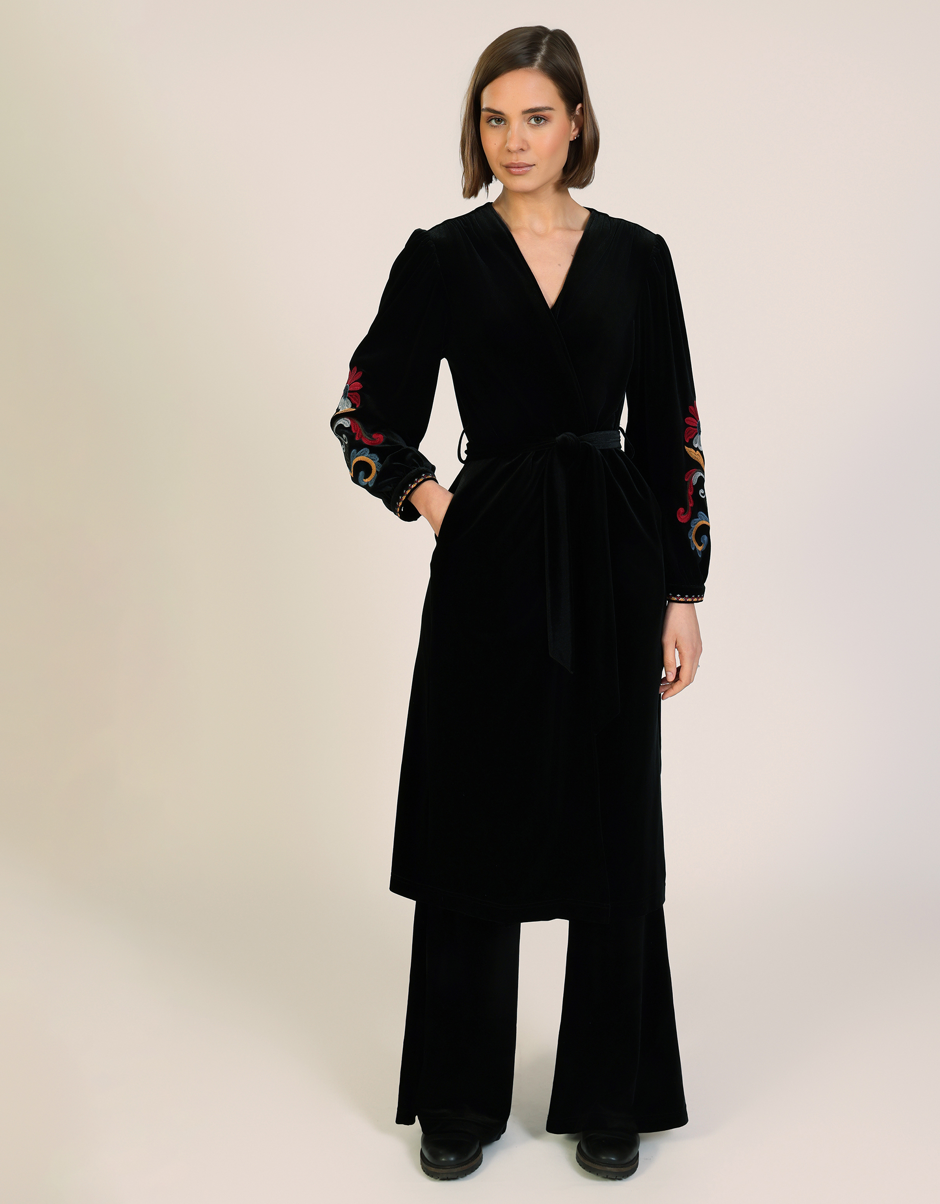 Monsoon Traffic People Folklore Embroidered Velvet Duster Coat