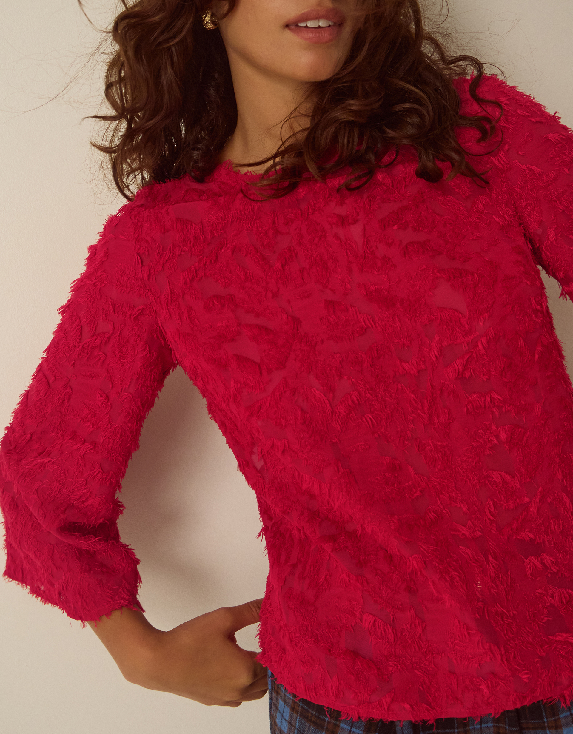 Monsoon Chrissy Bell Sleeve Textured Fringe Top in Red, view 3