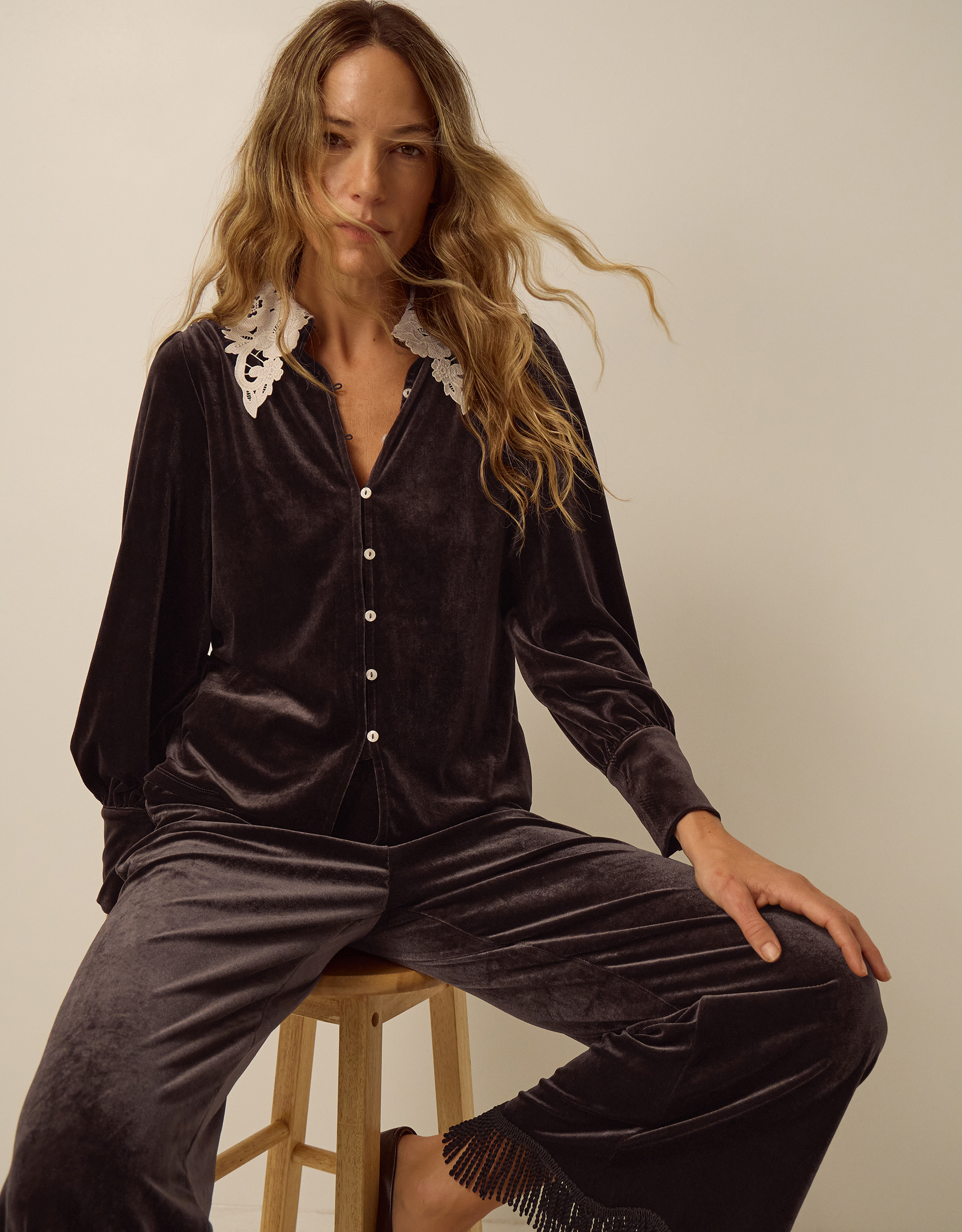 Monsoon Leith Lace Collar Velvet Shirt, view 4
