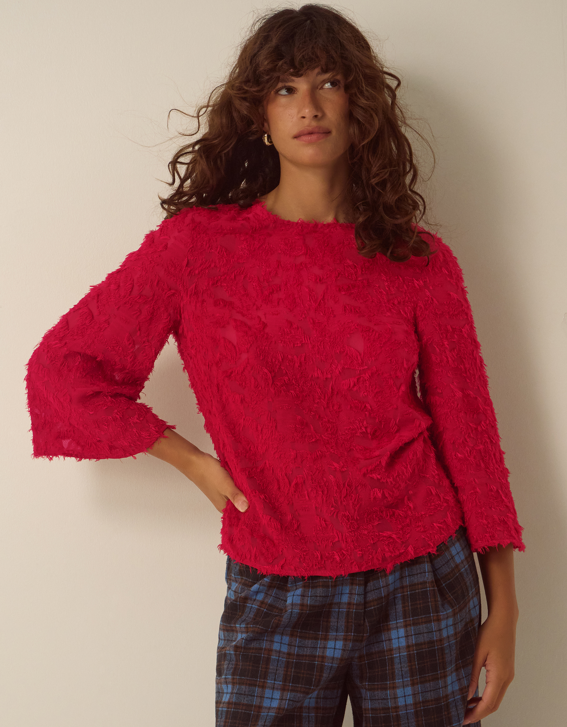 Monsoon Chrissy Bell Sleeve Textured Fringe Top in Red