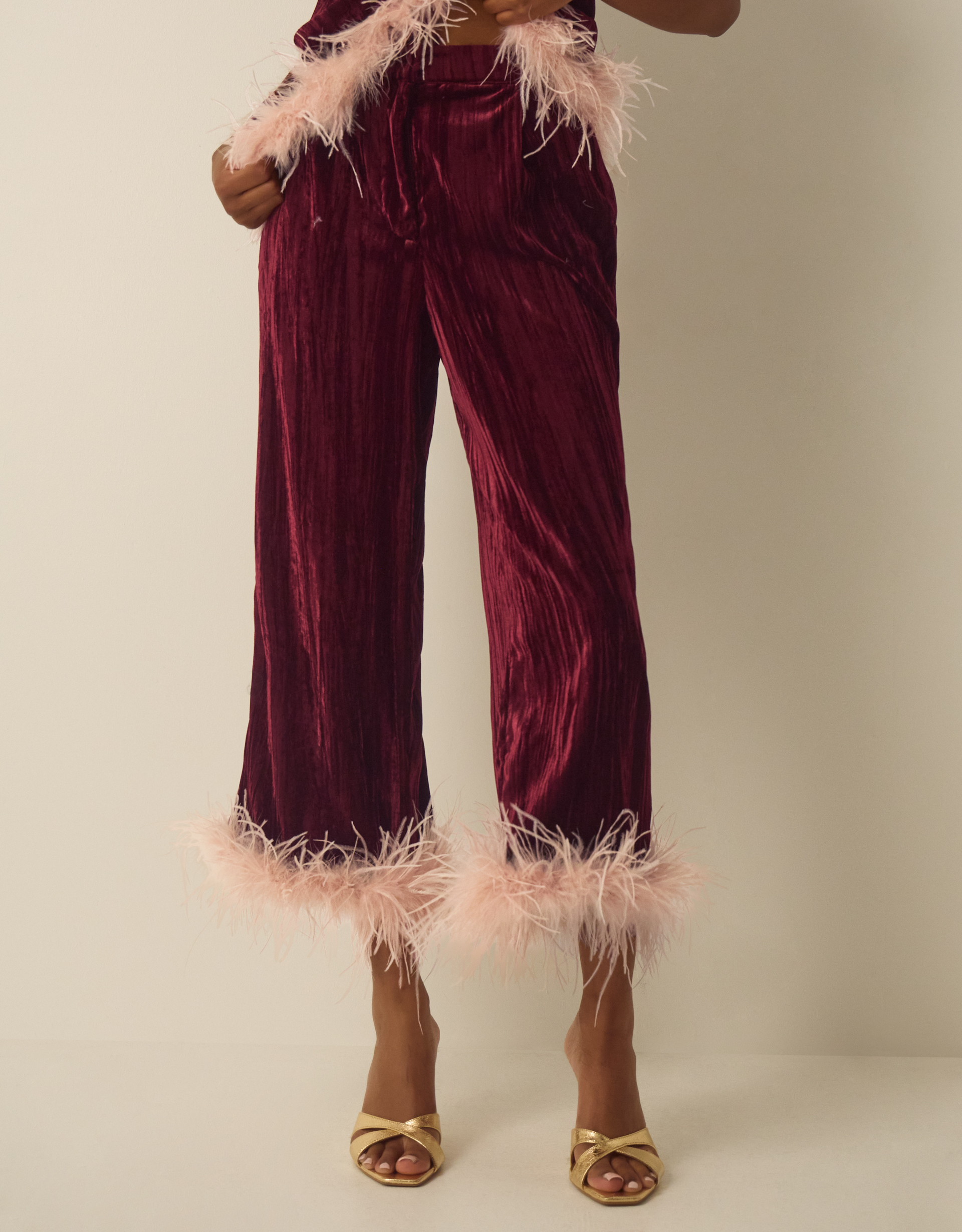 Monsoon Emma Faux Feather Cropped Velvet Trousers, view 4