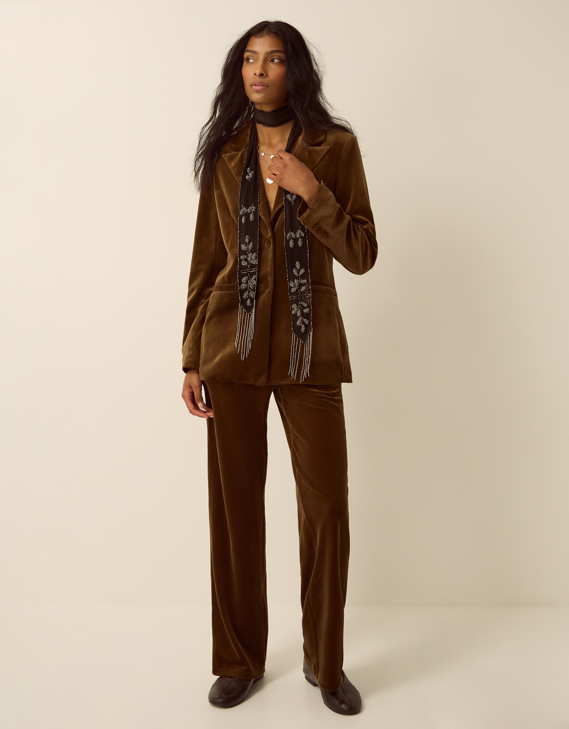 Monsoon Mila Velvet Straight Leg Trousers in Green