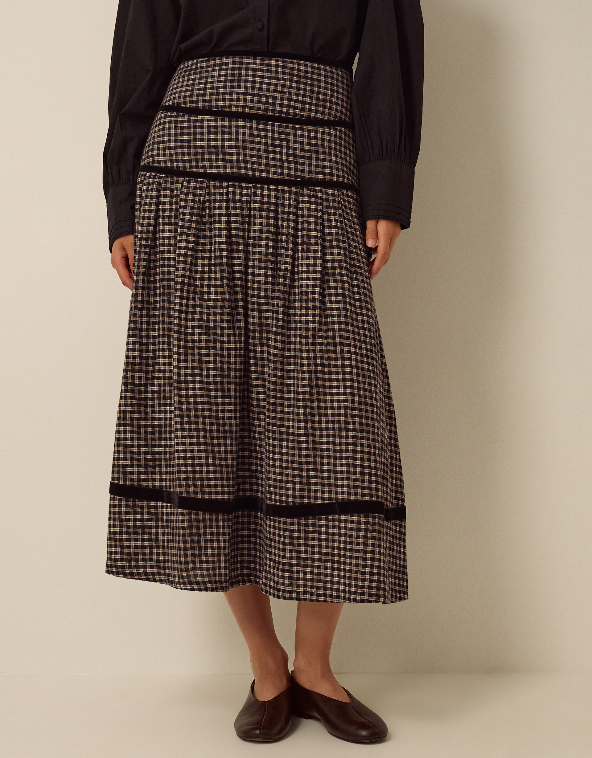 Monsoon Elise Check Print Midi Skirt, view 2