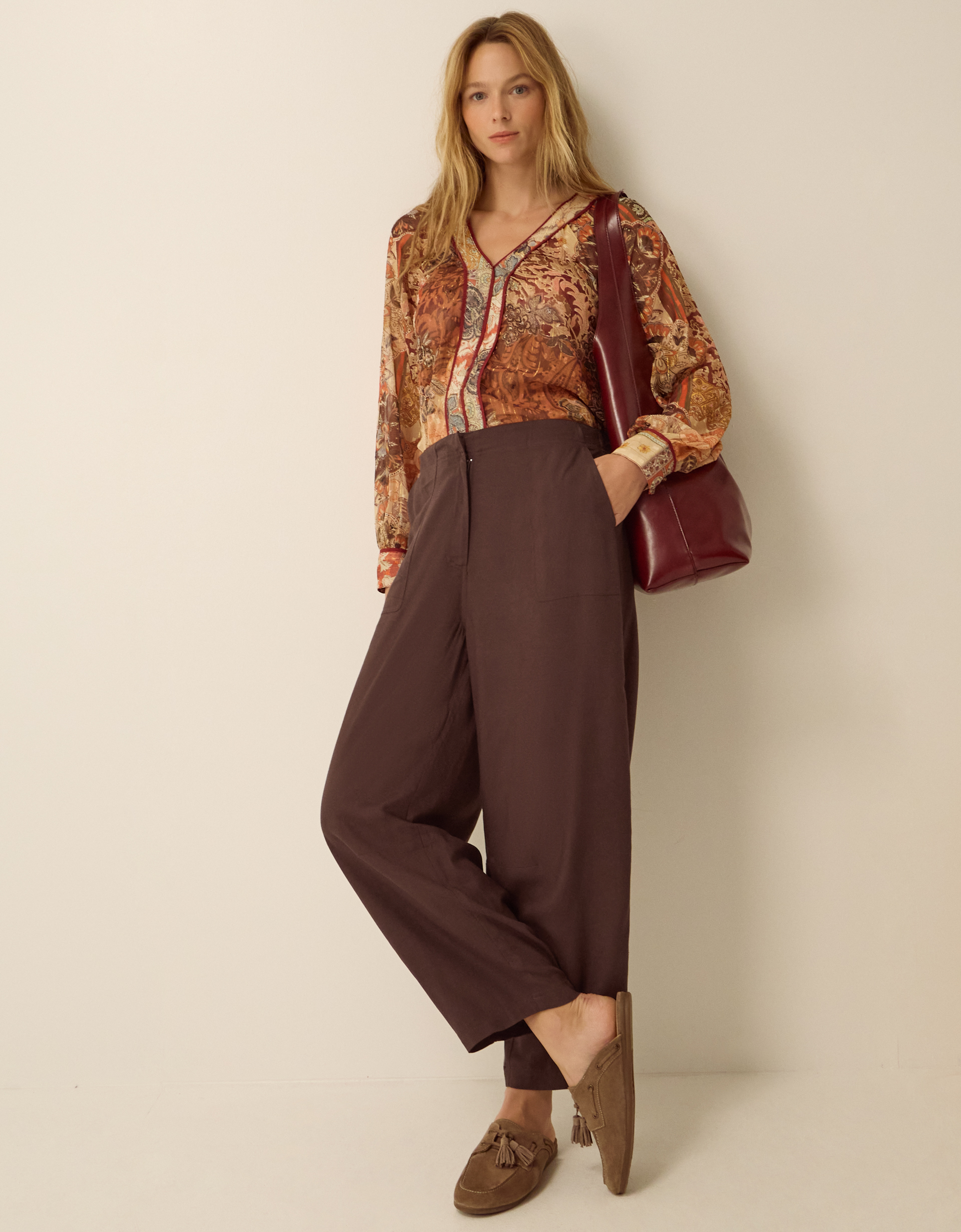 Monsoon Joanie Linen Blend Barrel Trousers in Brown